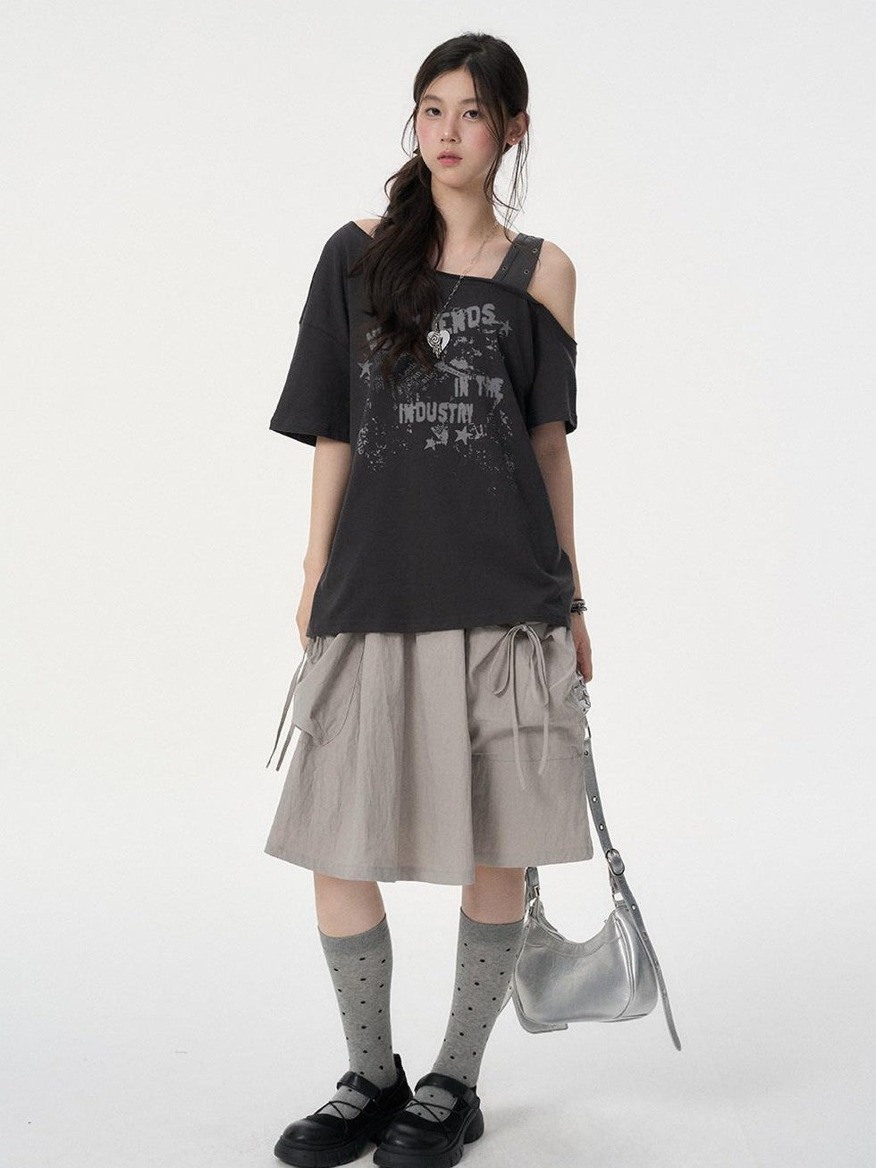 VEEMIX Letter Print Asymmetric Drop Shoulder Women's Lyocell Off-shoulder T-shirts