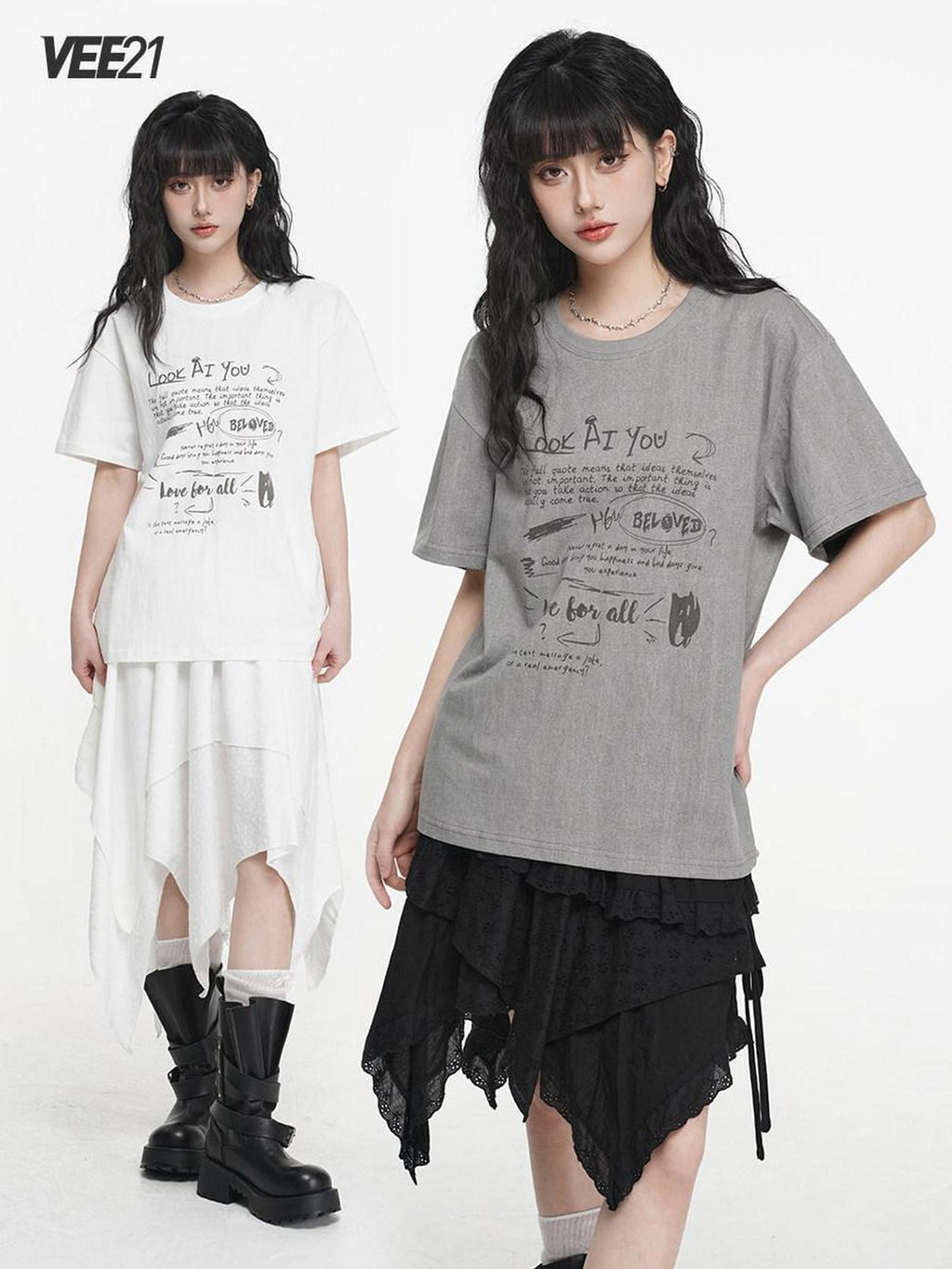 VEEMIX Letter Print Drop Shoulder Crewneck Women's Cotton Oversized T-shirts