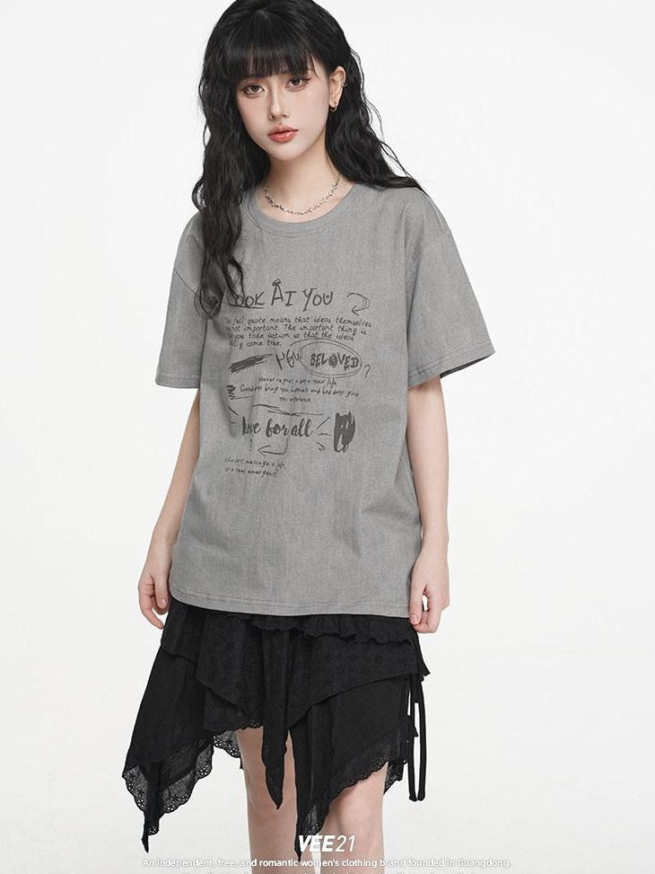 VEEMIX Letter Print Drop Shoulder Crewneck Women's Cotton Oversized T-shirts