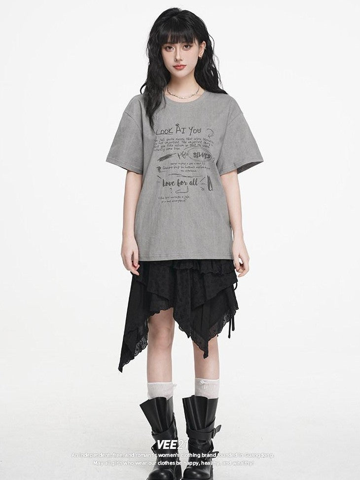 VEEMIX Letter Print Drop Shoulder Crewneck Women's Cotton Oversized T-shirts