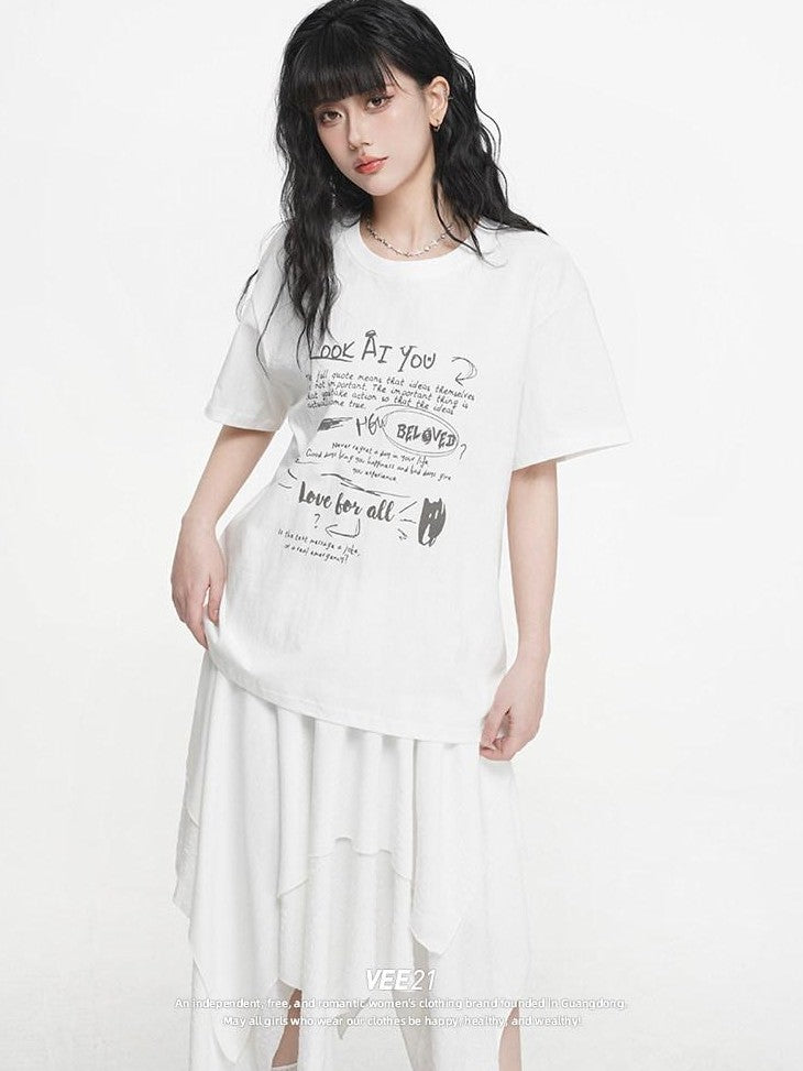 VEEMIX Letter Print Drop Shoulder Crewneck Women's Cotton Oversized T-shirts