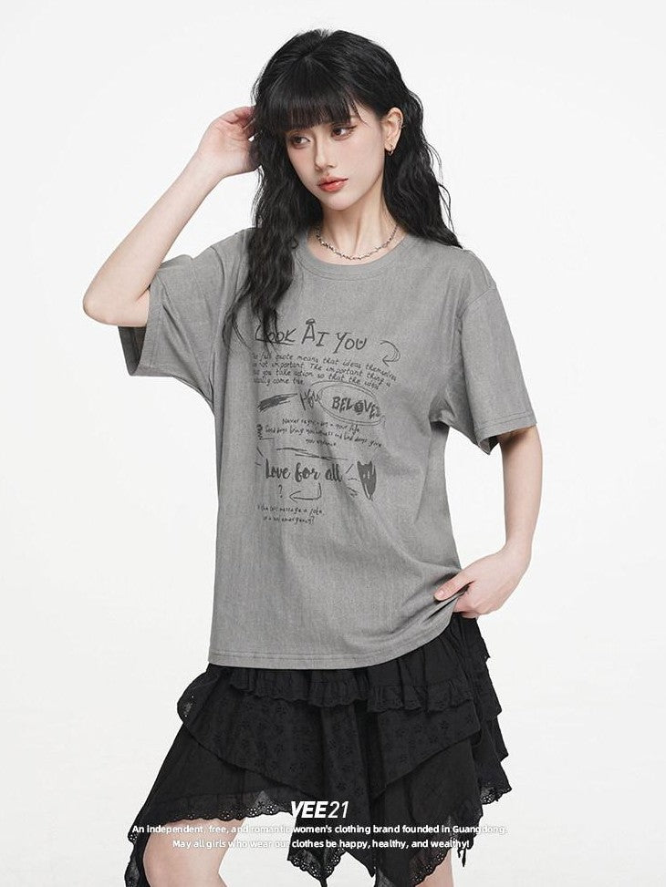 VEEMIX Letter Print Drop Shoulder Crewneck Women's Cotton Oversized T-shirts