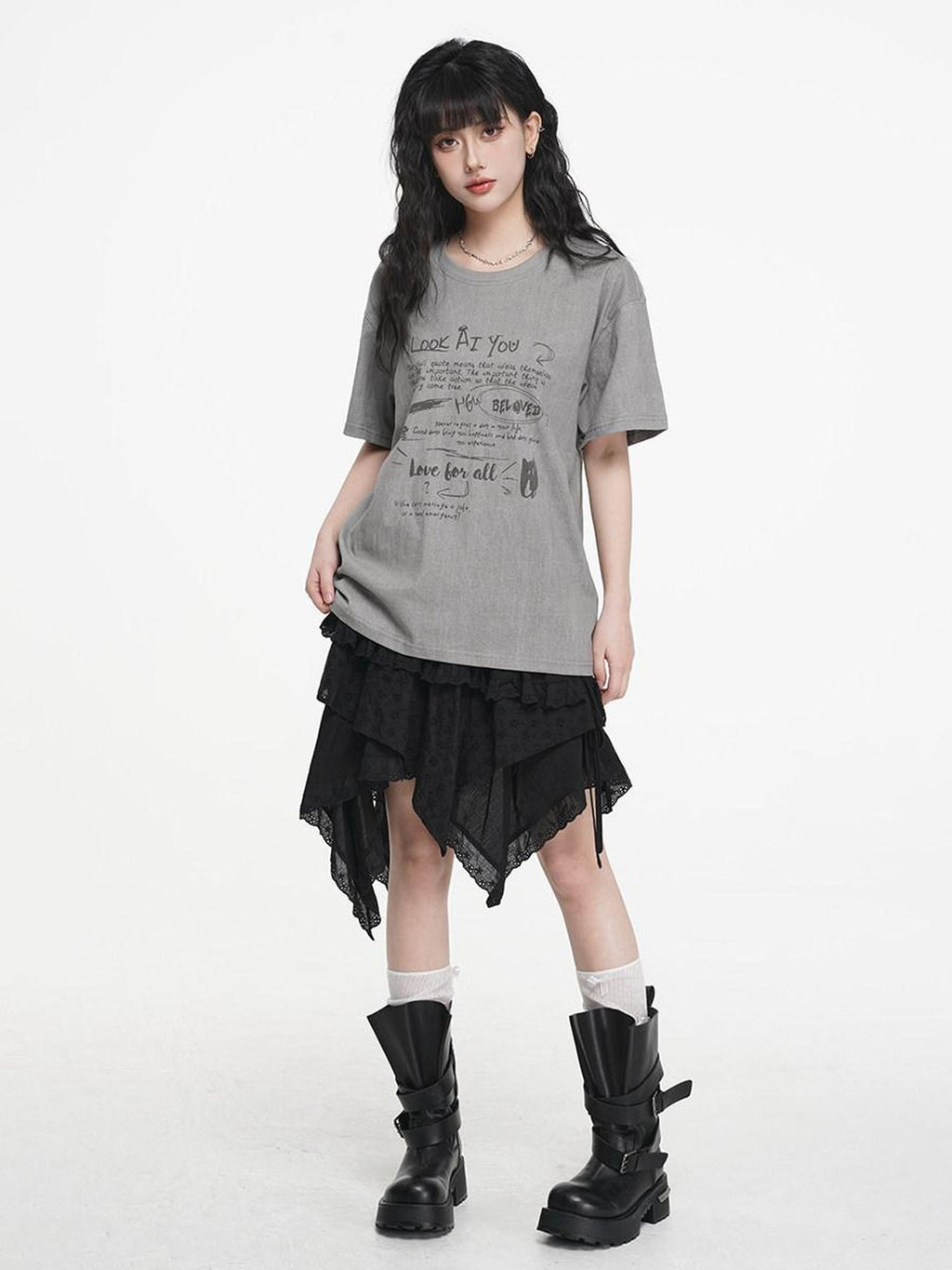 VEEMIX Letter Print Drop Shoulder Crewneck Women's Cotton Oversized T-shirts