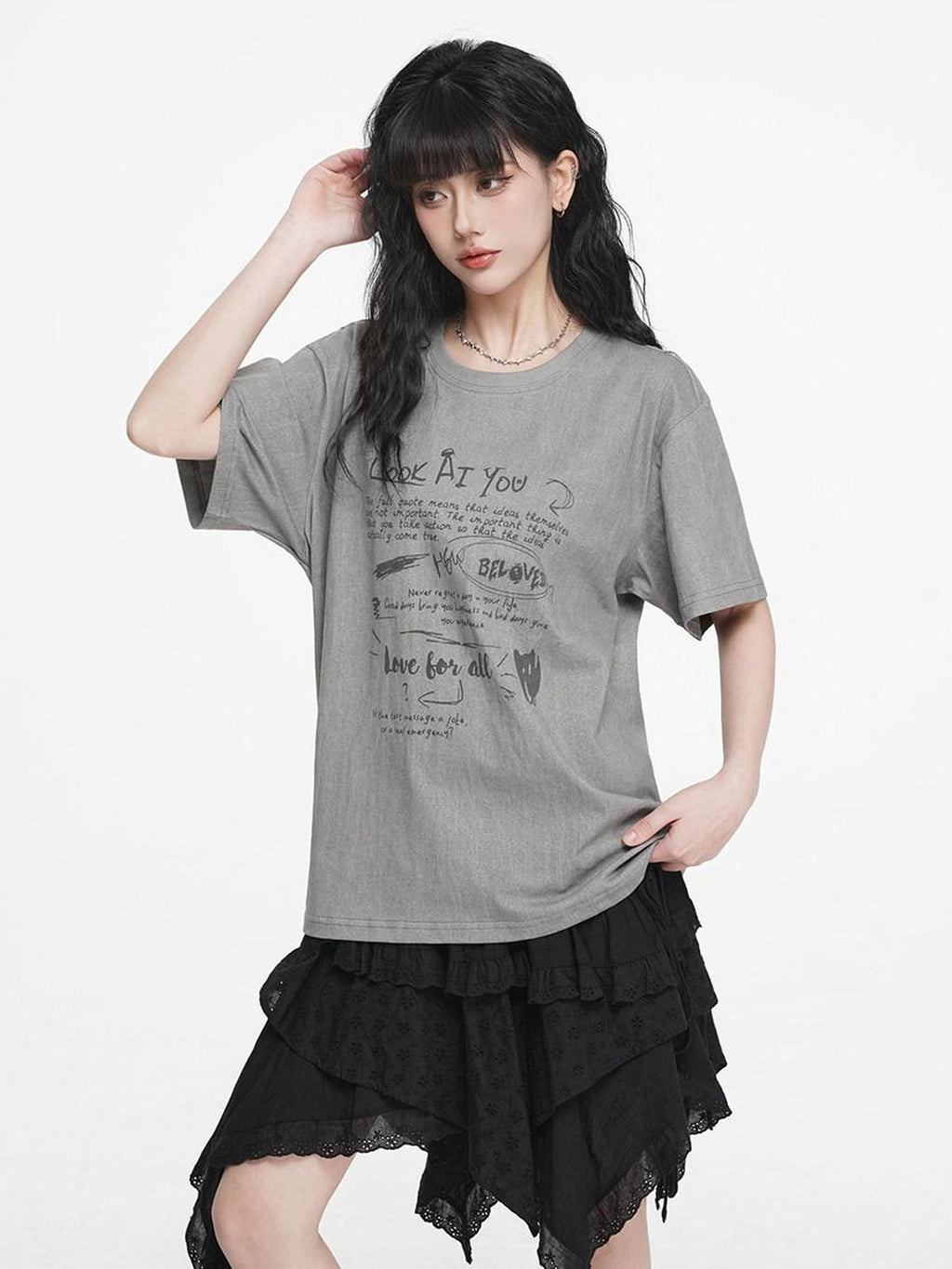 VEEMIX Letter Print Drop Shoulder Crewneck Women's Cotton Oversized T-shirts