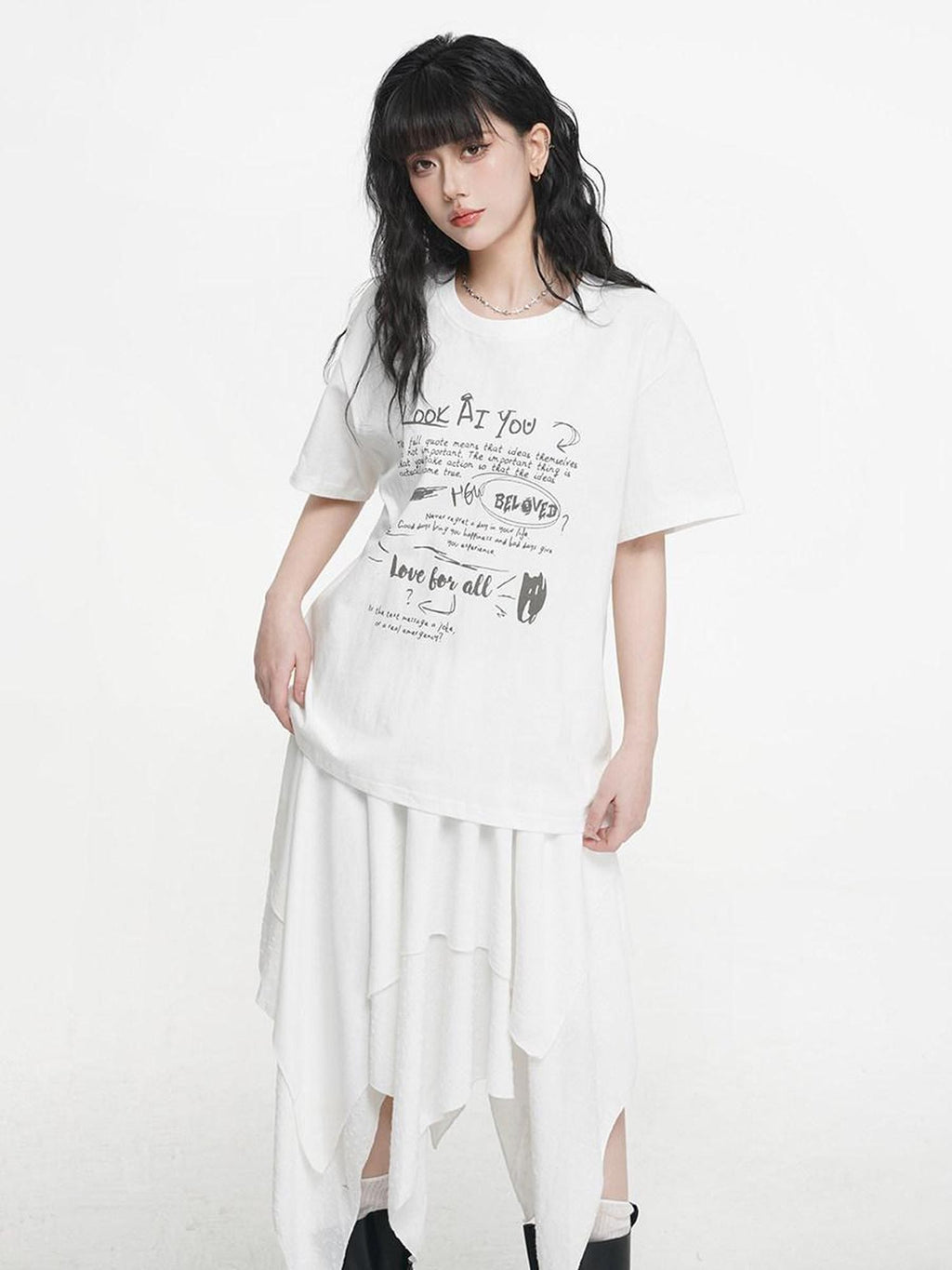 VEEMIX Letter Print Drop Shoulder Crewneck Women's Cotton Oversized T-shirts