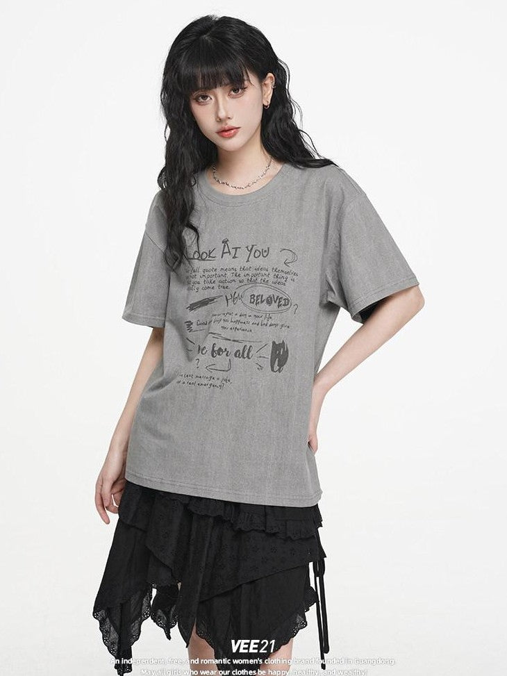 VEEMIX Letter Print Drop Shoulder Crewneck Women's Cotton Oversized T-shirts