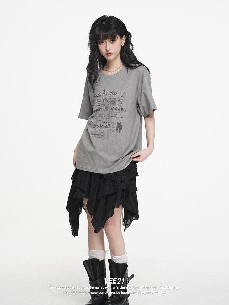 VEEMIX Letter Print Drop Shoulder Crewneck Women's Cotton Oversized T-shirts