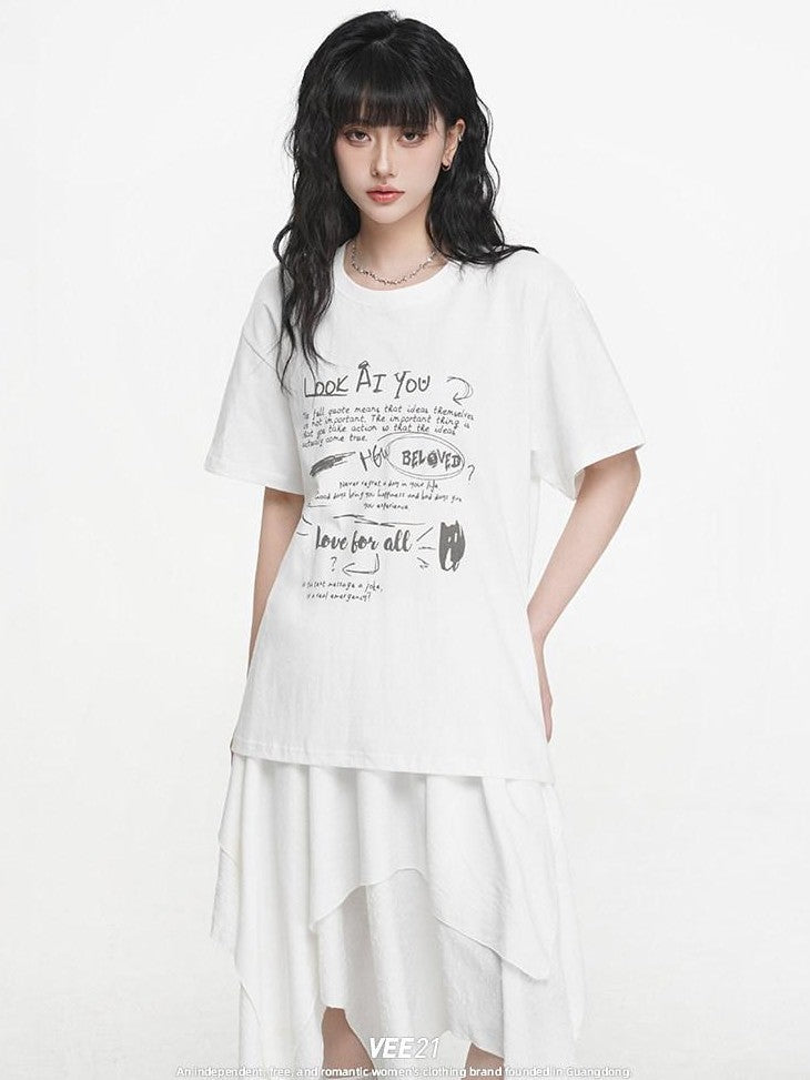 VEEMIX Letter Print Drop Shoulder Crewneck Women's Cotton Oversized T-shirts