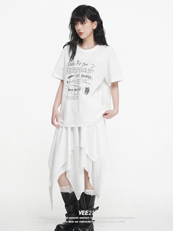 VEEMIX Letter Print Drop Shoulder Crewneck Women's Cotton Oversized T-shirts