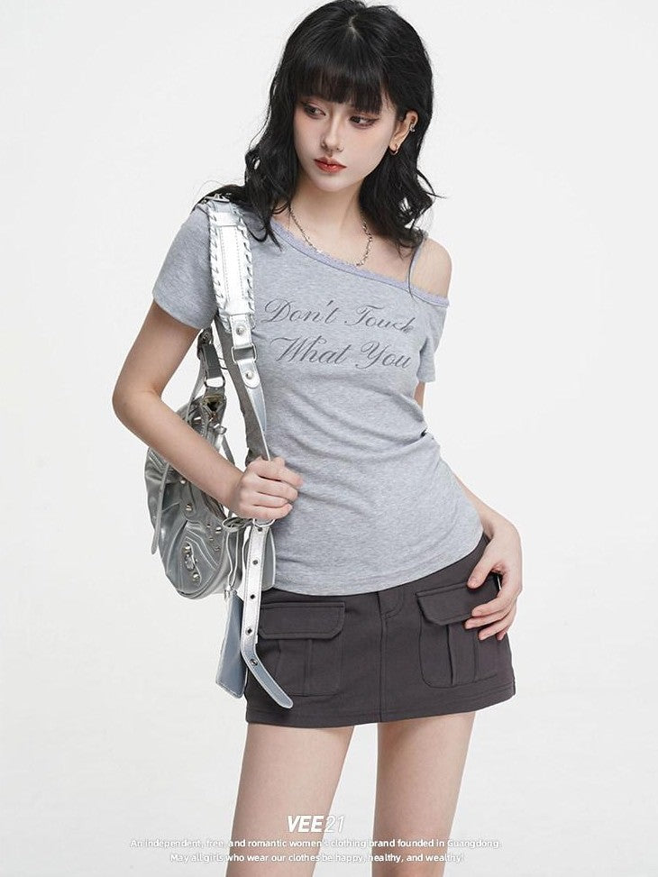 VEEMIX Letter Print Lace Trim Cinched Waist Women's Cotton Blend Off-shoulder T-shirts
