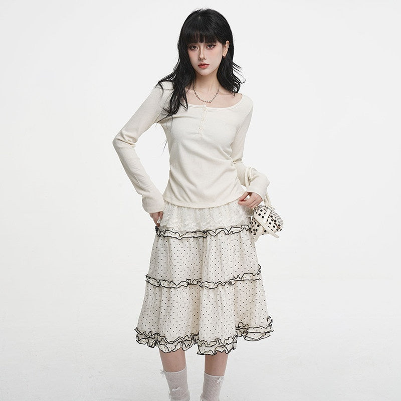 VEEMIX_Light_Apricot_Lace_Splice_Faux_Two_Piece_Women's_Rayon_Long_Sleeve_T-shirts_1015632014384_MISSTT