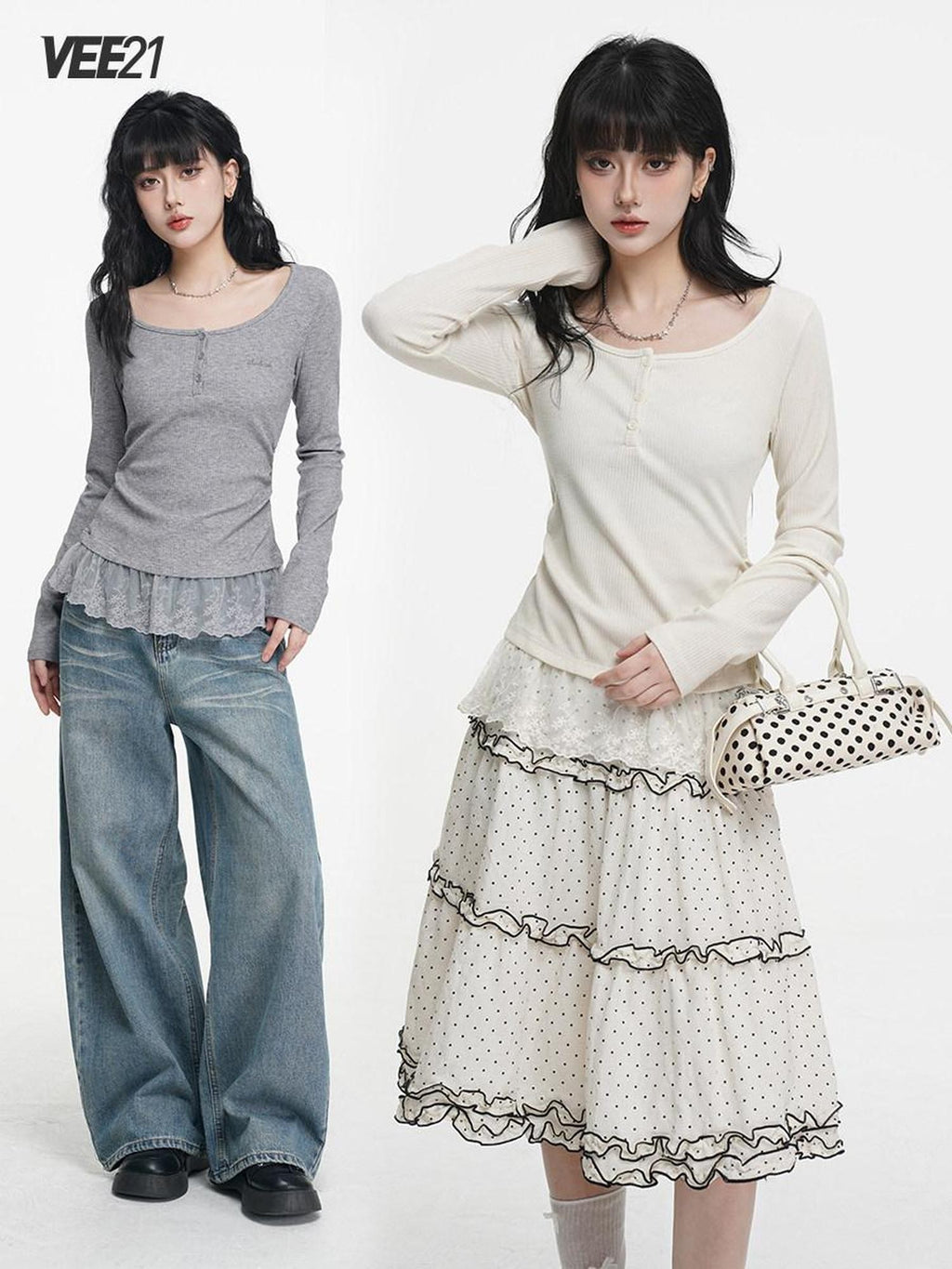 VEEMIX Light Apricot Lace Splice Faux Two Piece Women's Rayon Long Sleeve T-shirts