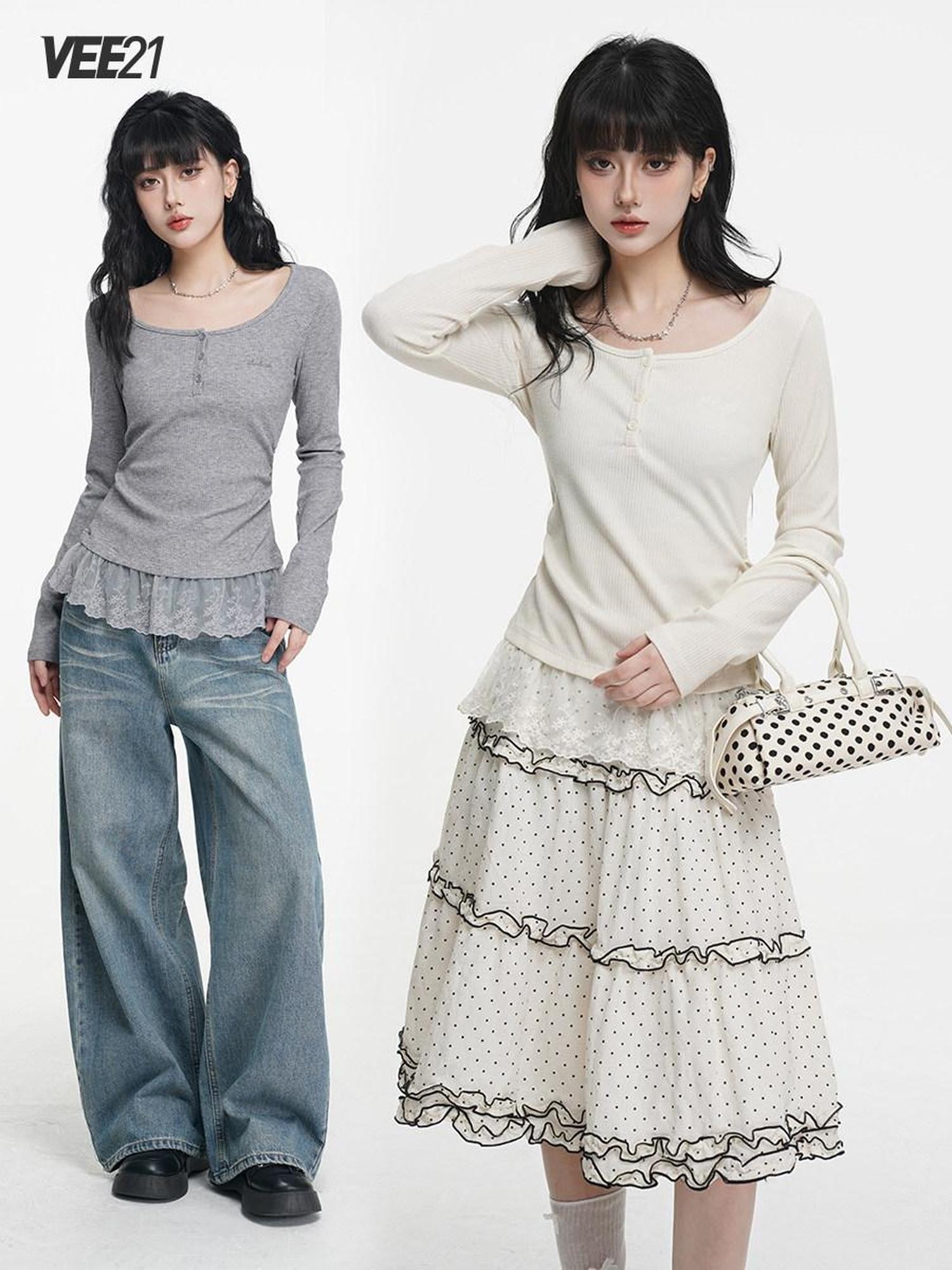 VEEMIX Light Apricot Lace Splice Faux Two Piece Women's Rayon Long Sleeve T-shirts