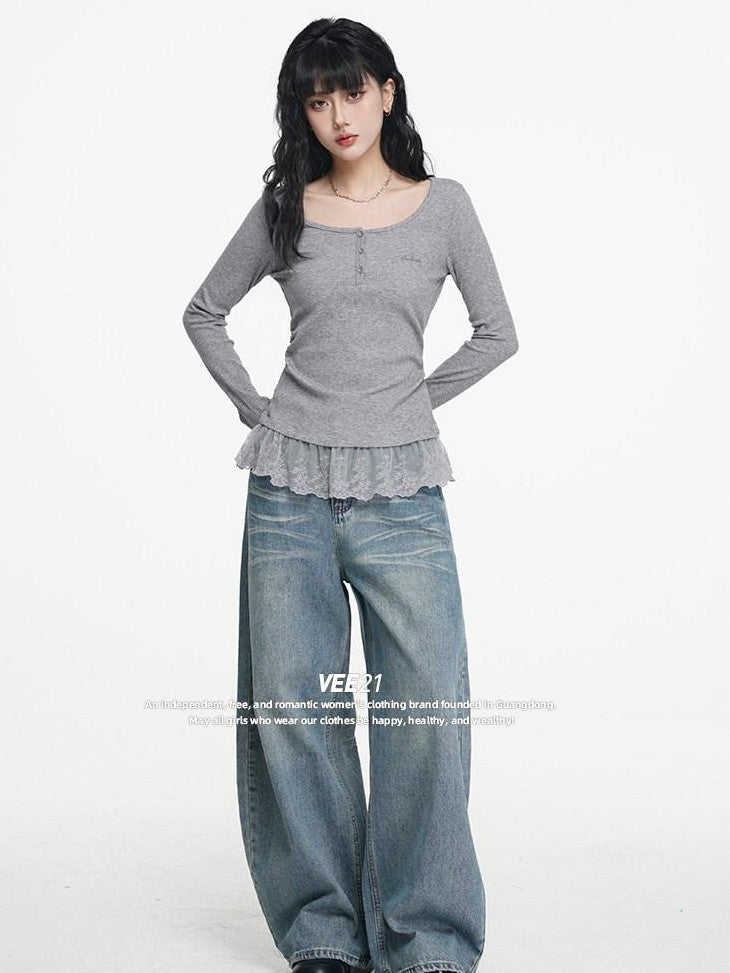 VEEMIX Light Apricot Lace Splice Faux Two Piece Women's Rayon Long Sleeve T-shirts