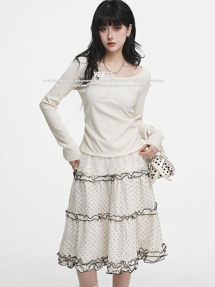 VEEMIX Light Apricot Lace Splice Faux Two Piece Women's Rayon Long Sleeve T-shirts