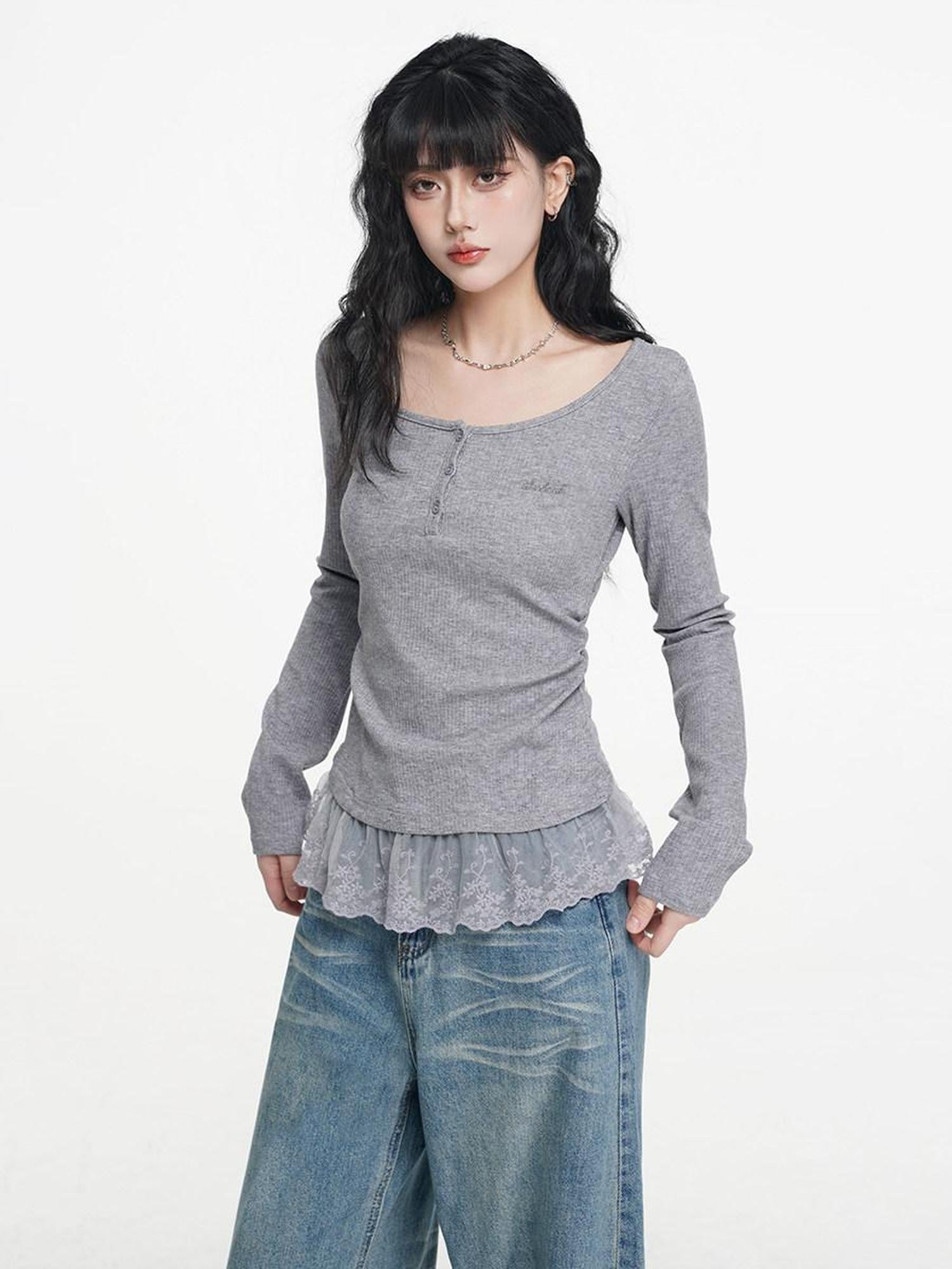 VEEMIX Light Apricot Lace Splice Faux Two Piece Women's Rayon Long Sleeve T-shirts