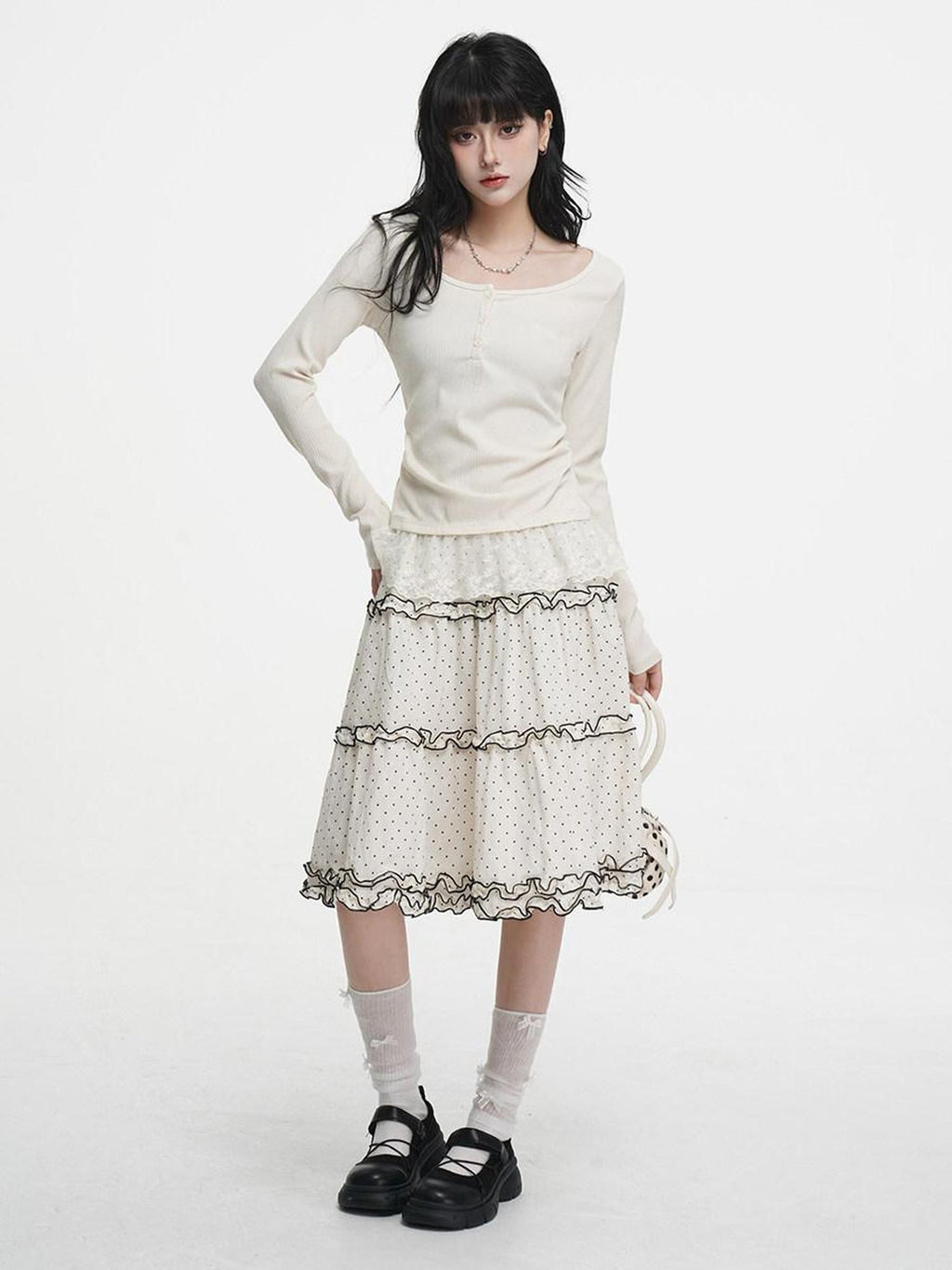 VEEMIX Light Apricot Lace Splice Faux Two Piece Women's Rayon Long Sleeve T-shirts