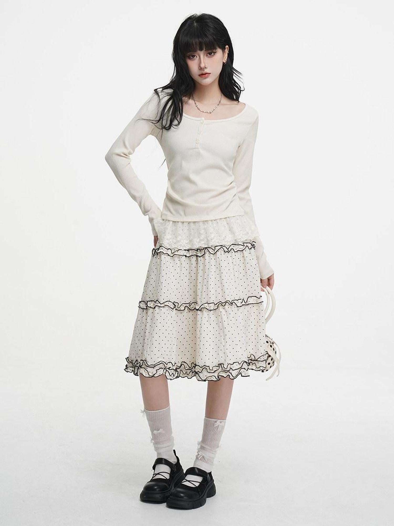 VEEMIX Light Apricot Lace Splice Faux Two Piece Women's Rayon Long Sleeve T-shirts