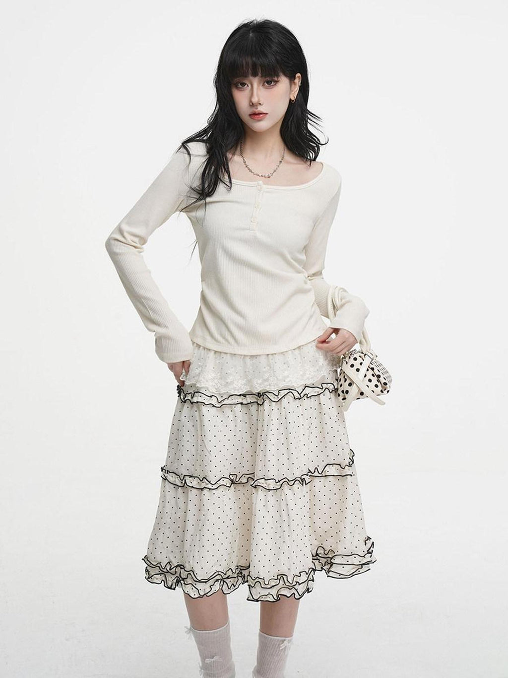 VEEMIX Light Apricot Lace Splice Faux Two Piece Women's Rayon Long Sleeve T-shirts
