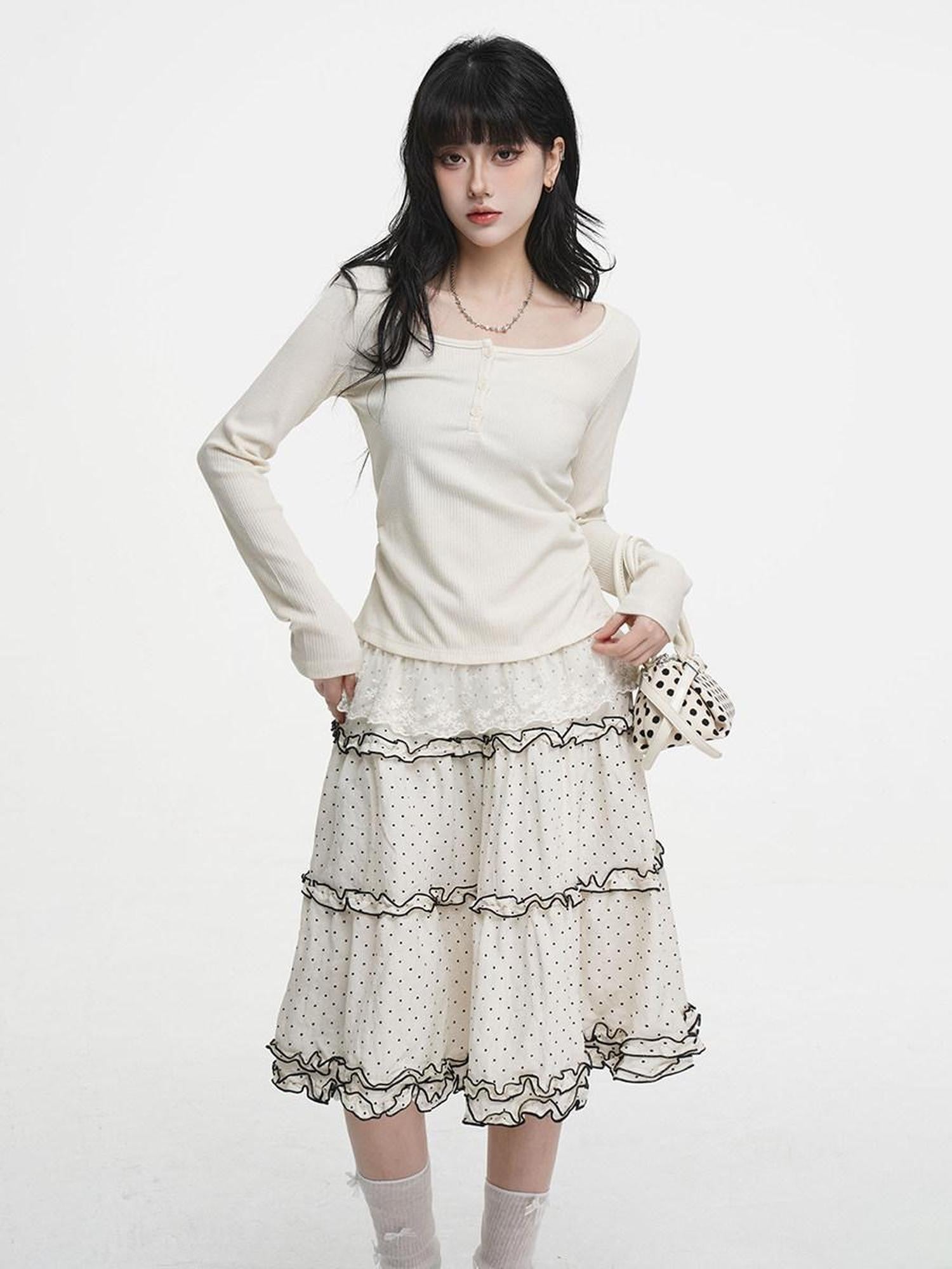 VEEMIX Light Apricot Lace Splice Faux Two Piece Women's Rayon Long Sleeve T-shirts
