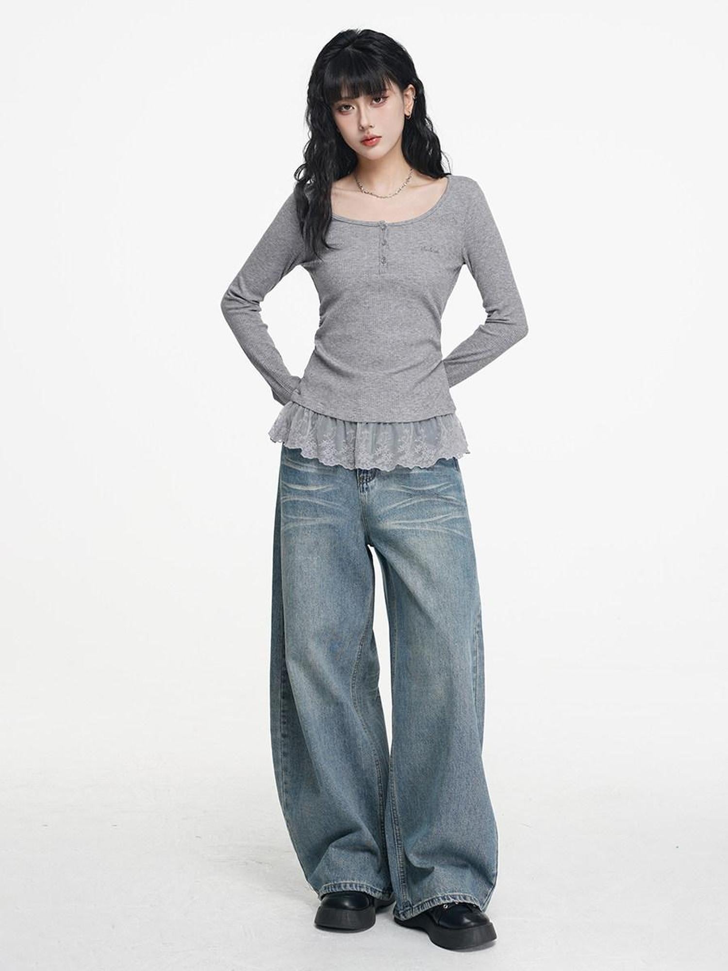 VEEMIX Light Apricot Lace Splice Faux Two Piece Women's Rayon Long Sleeve T-shirts