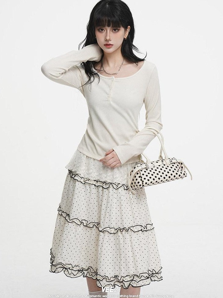 VEEMIX Light Apricot Lace Splice Faux Two Piece Women's Rayon Long Sleeve T-shirts