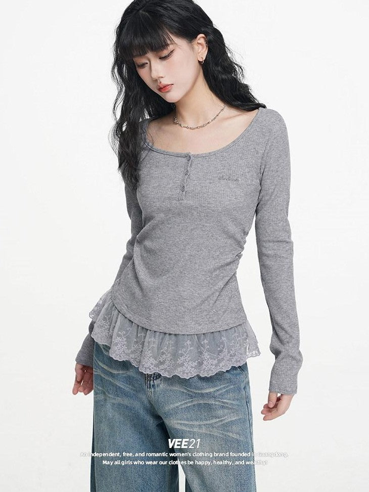 VEEMIX Light Apricot Lace Splice Faux Two Piece Women's Rayon Long Sleeve T-shirts