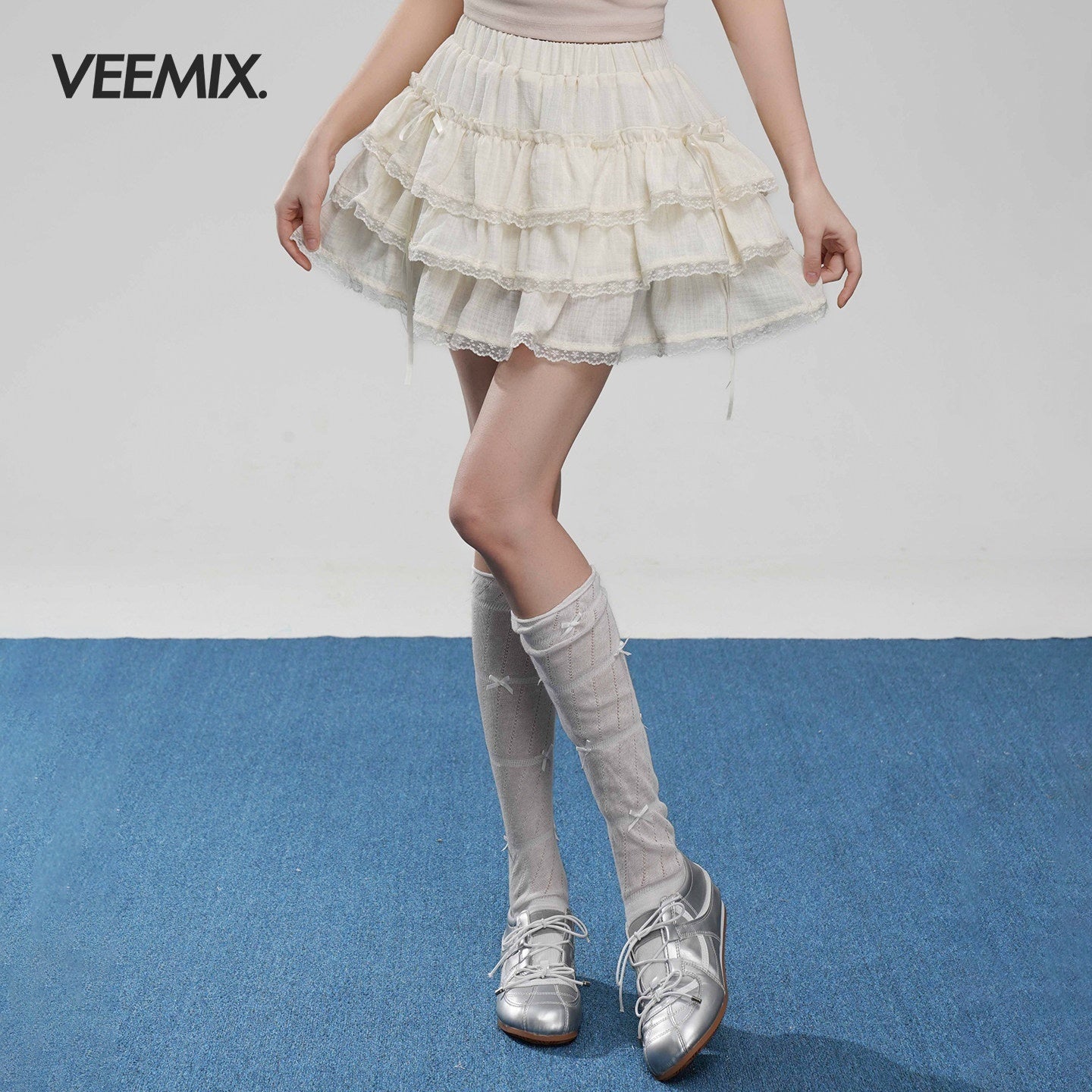 VEEMIX_Light_Blue_Lace_Trim_Ruffled_Bow_Cake_Women's_Viscose_Blend_Tiered_Skirts_1048455838935_MISSTT