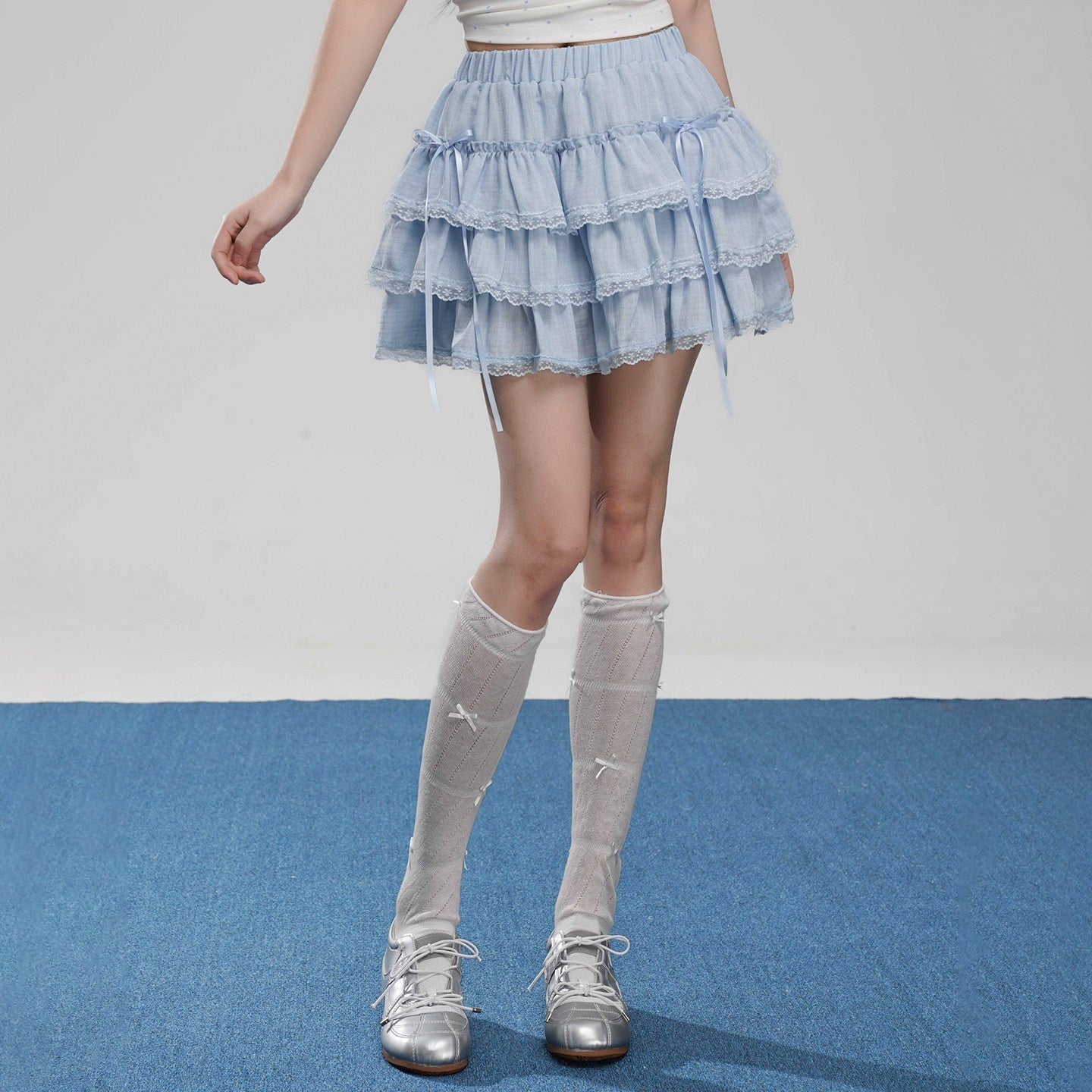 VEEMIX_Light_Blue_Lace_Trim_Ruffled_Bow_Cake_Women's_Viscose_Blend_Tiered_Skirts_1048455838935_MISSTT
