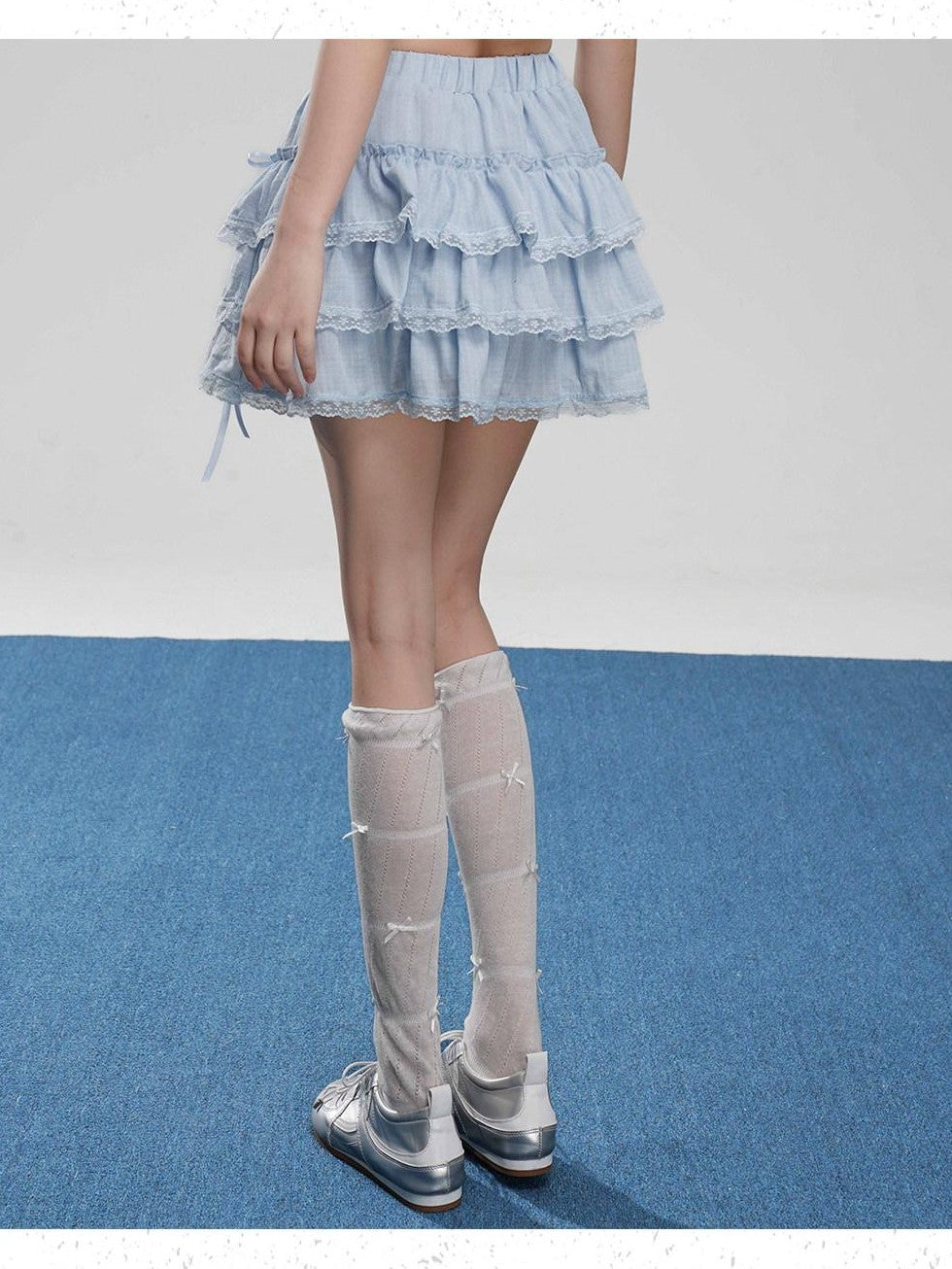 VEEMIX Light Blue Lace Trim Ruffled Bow Cake Women's Viscose Blend Tiered Skirts