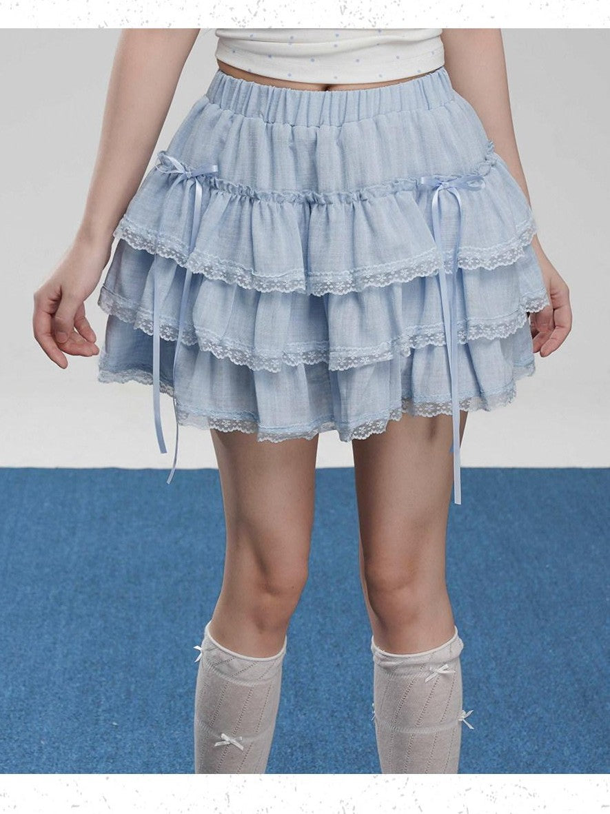 VEEMIX Light Blue Lace Trim Ruffled Bow Cake Women's Viscose Blend Tiered Skirts