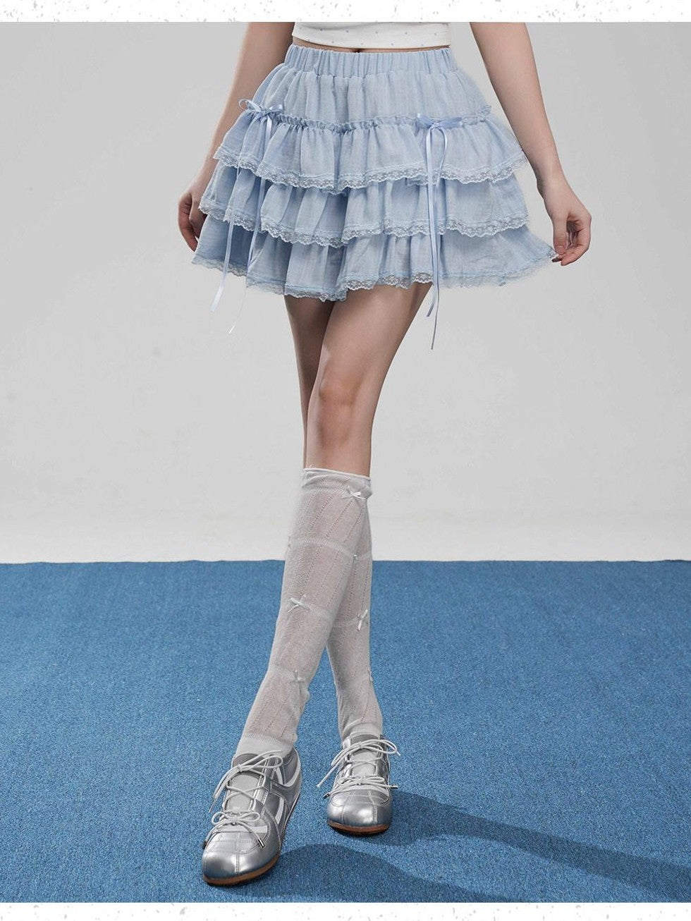 VEEMIX Light Blue Lace Trim Ruffled Bow Cake Women's Viscose Blend Tiered Skirts