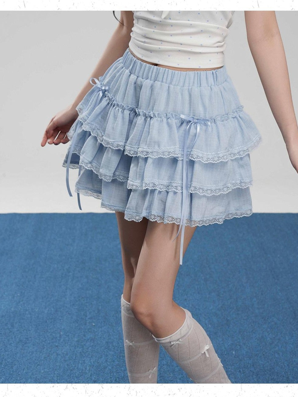 VEEMIX Light Blue Lace Trim Ruffled Bow Cake Women's Viscose Blend Tiered Skirts