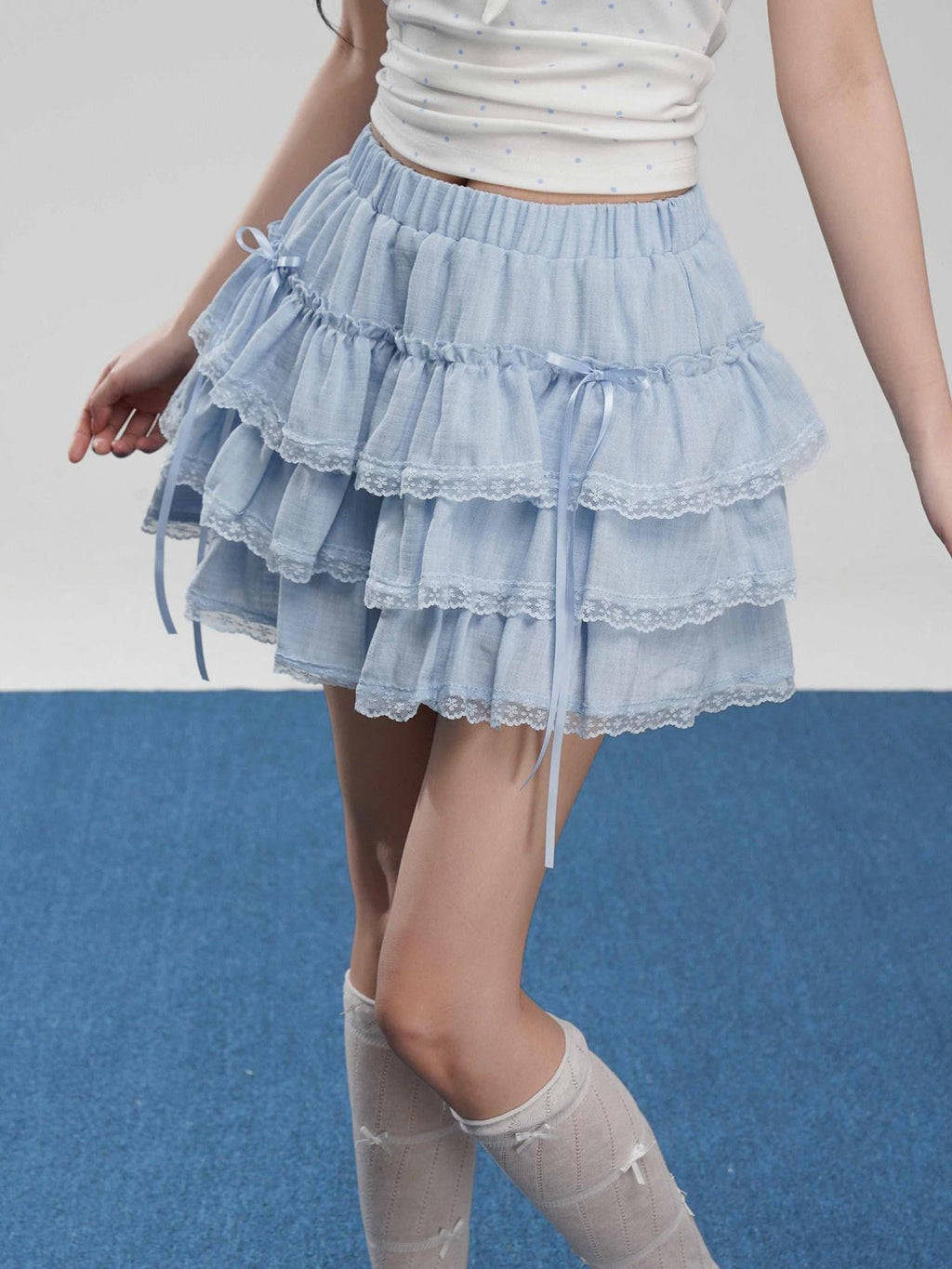 VEEMIX Light Blue Lace Trim Ruffled Bow Cake Women's Viscose Blend Tiered Skirts