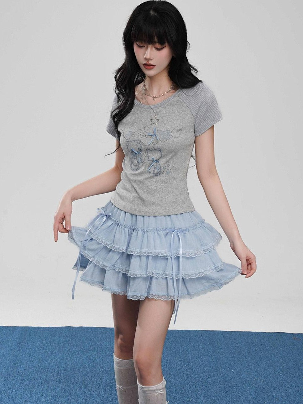VEEMIX Light Blue Lace Trim Ruffled Bow Cake Women's Viscose Blend Tiered Skirts