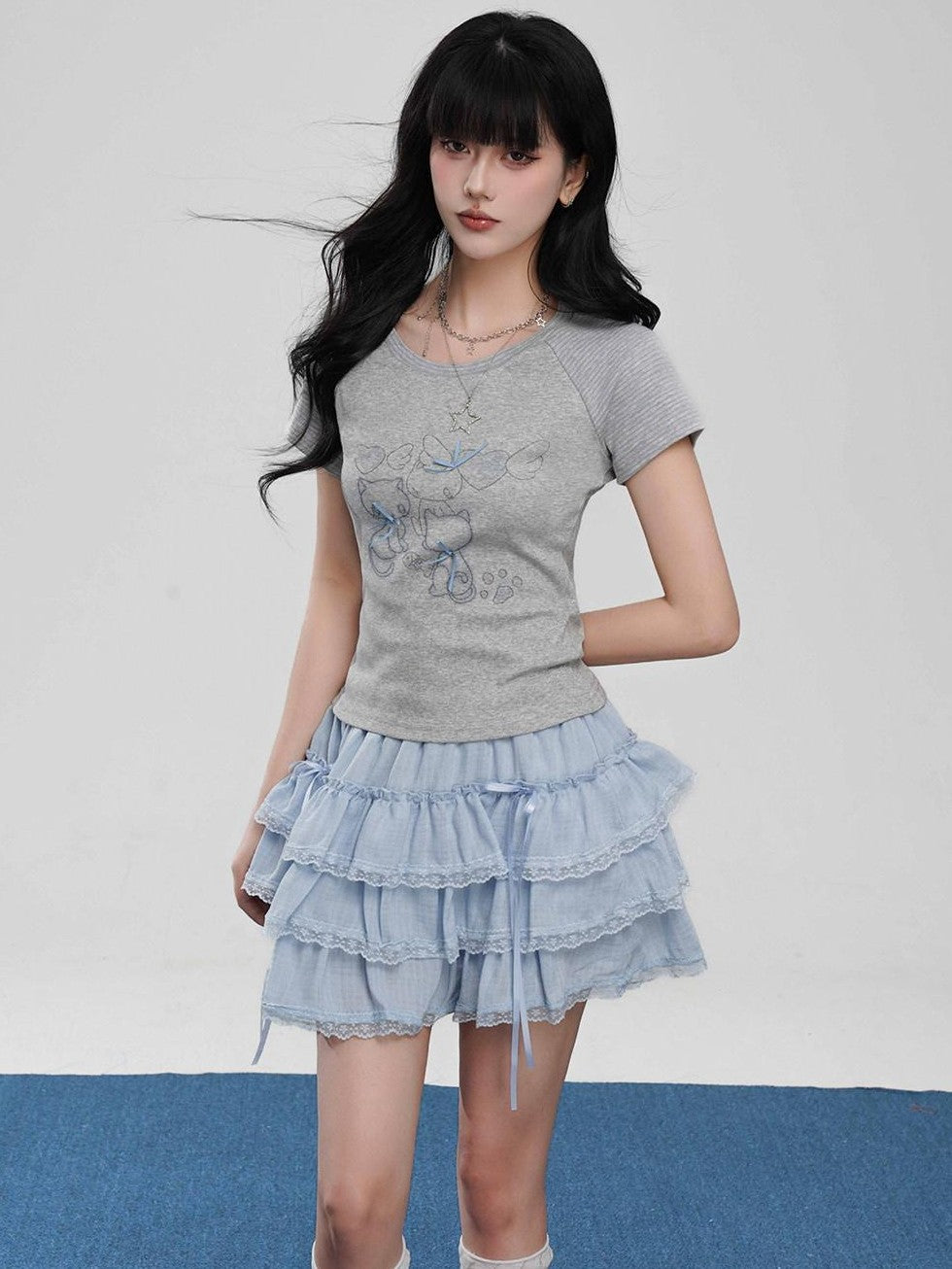 VEEMIX Light Blue Lace Trim Ruffled Bow Cake Women's Viscose Blend Tiered Skirts