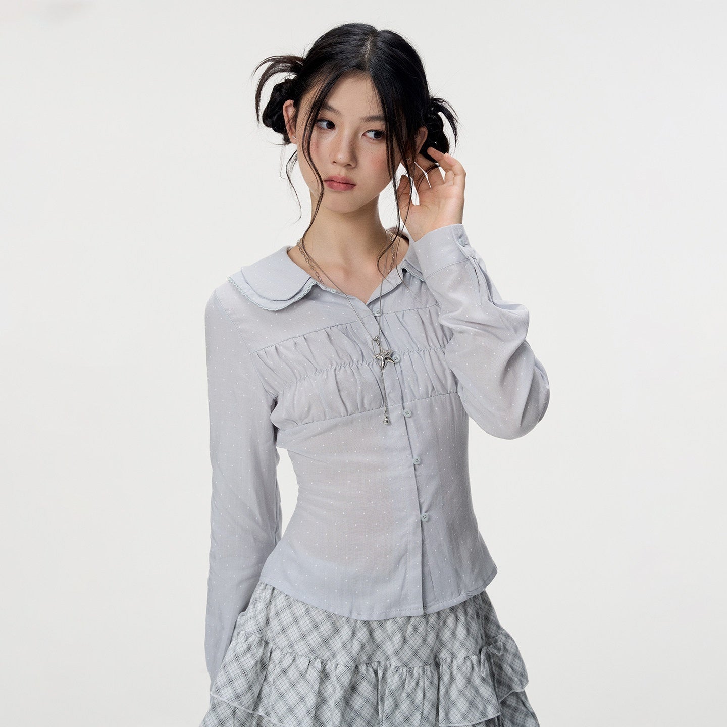 VEEMIX_Light_Blue_Polka_Dot_Doll_Collar_Long_Sleeve_Slim_Fit_Women's_Lyocell_Blouses_1070908015247_MISSTT