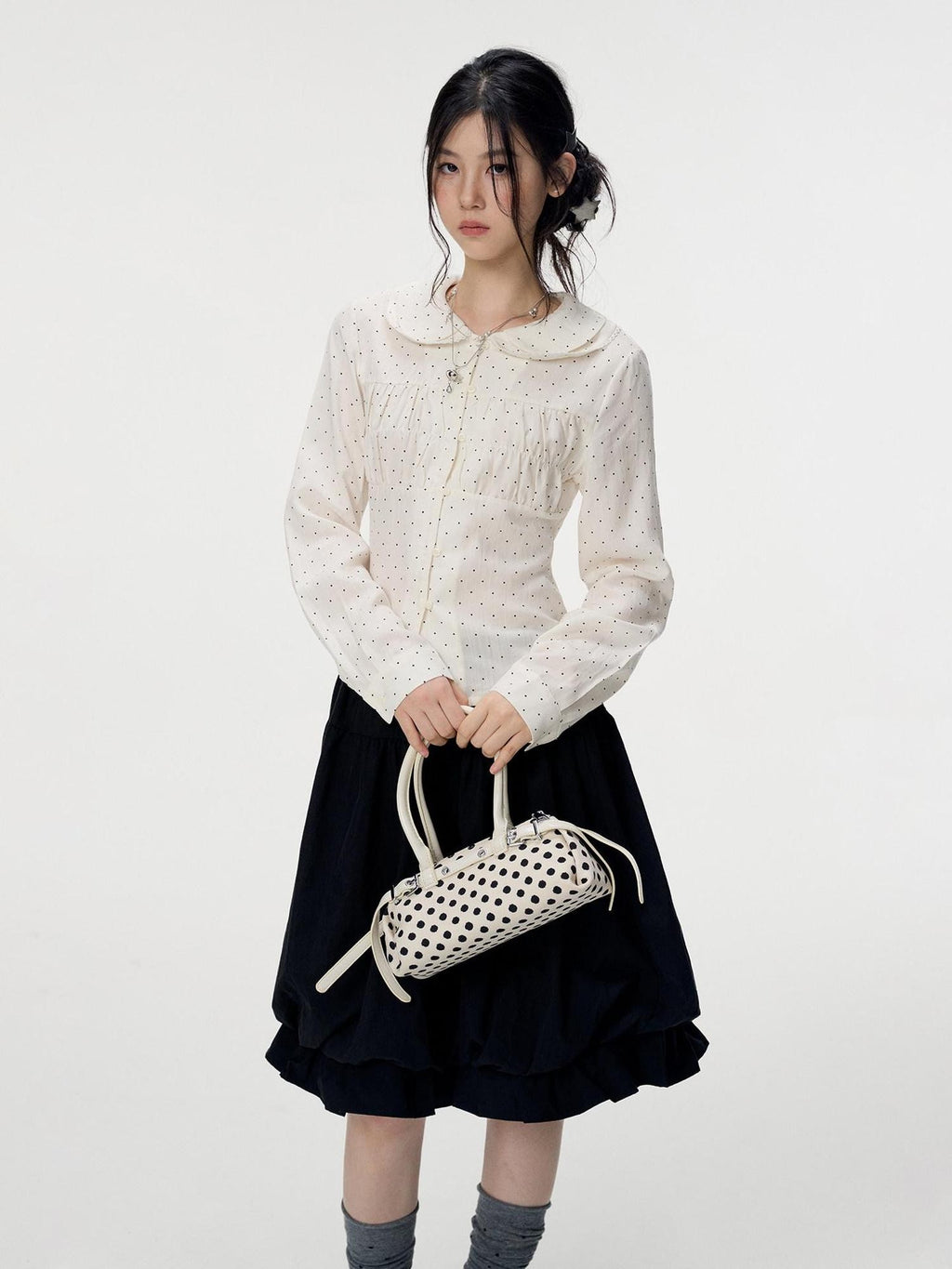 VEEMIX Light Blue Polka Dot Doll Collar Long Sleeve Slim Fit Women's Lyocell Blouses