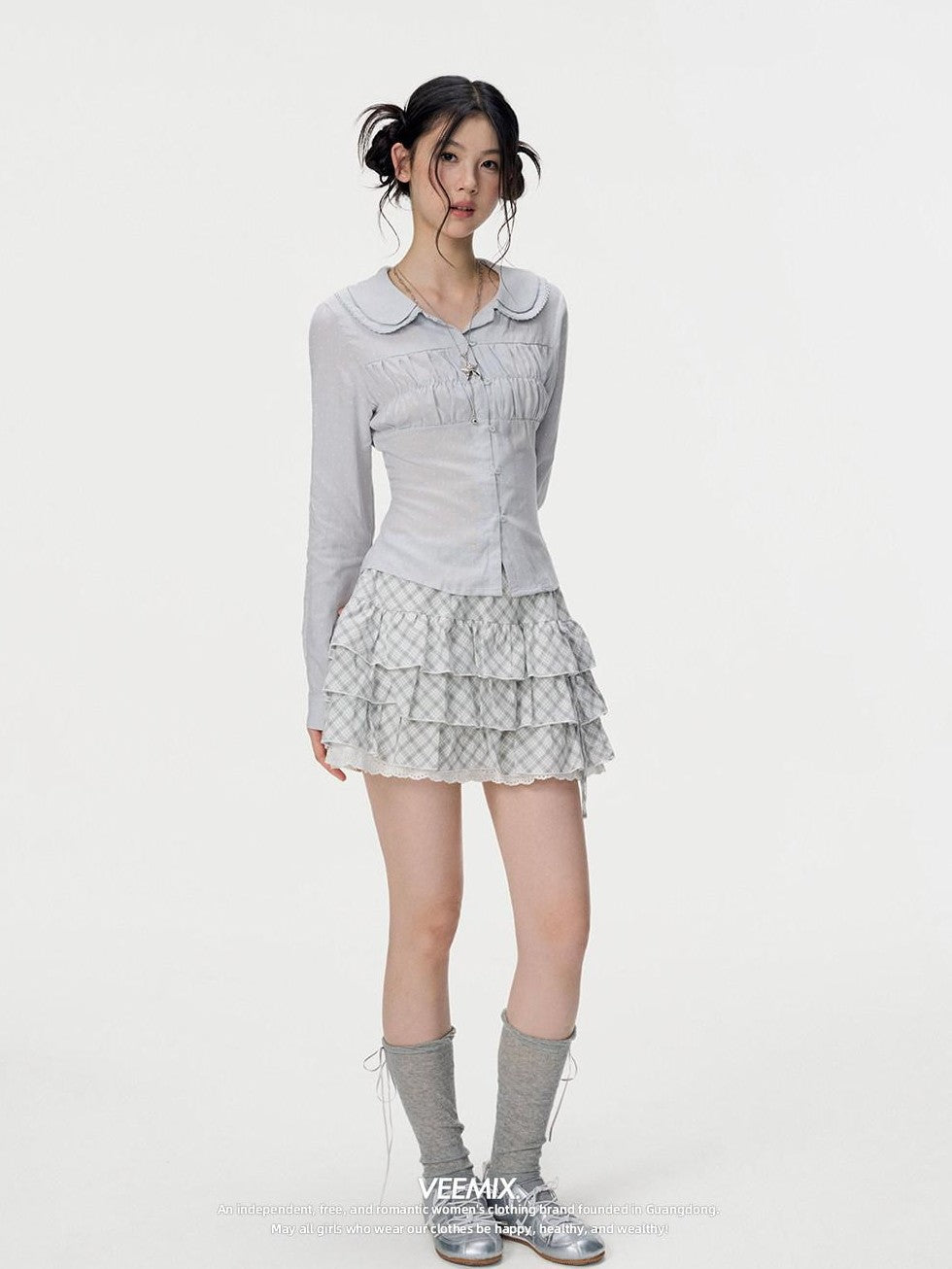 VEEMIX Light Blue Polka Dot Doll Collar Long Sleeve Slim Fit Women's Lyocell Blouses