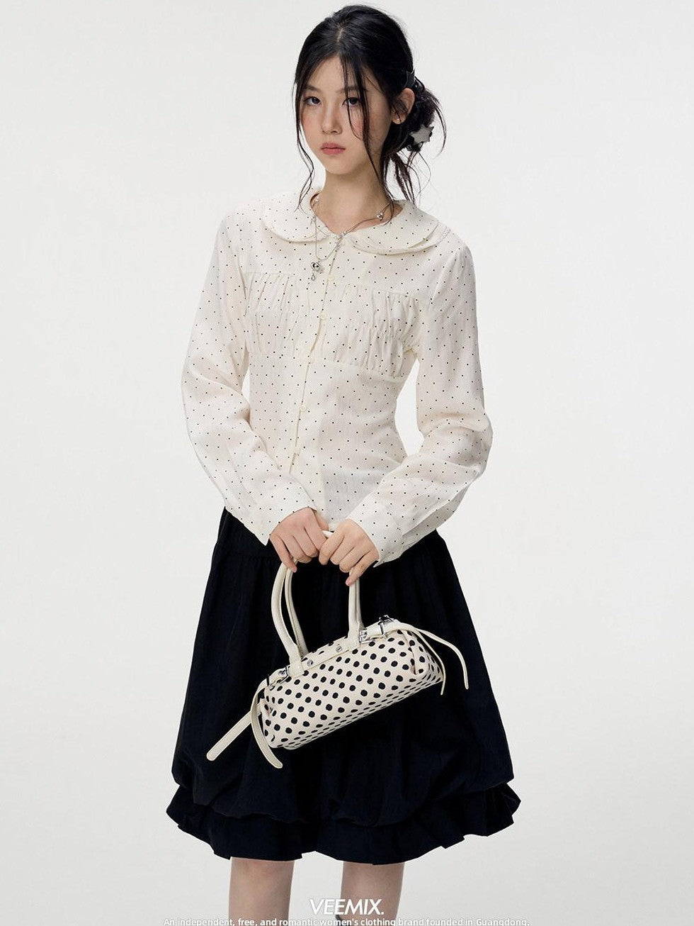 VEEMIX Light Blue Polka Dot Doll Collar Long Sleeve Slim Fit Women's Lyocell Blouses