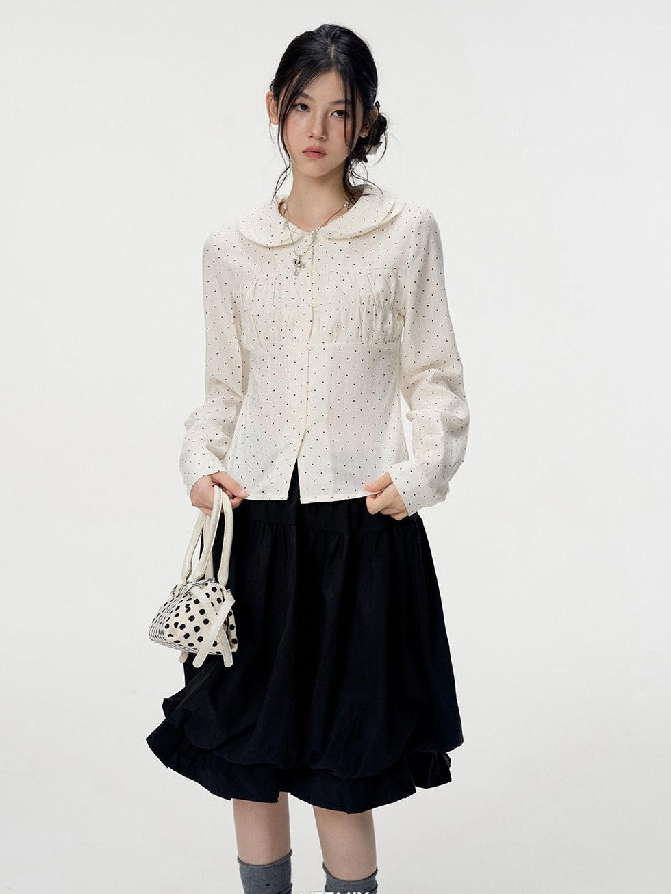 VEEMIX Light Blue Polka Dot Doll Collar Long Sleeve Slim Fit Women's Lyocell Blouses