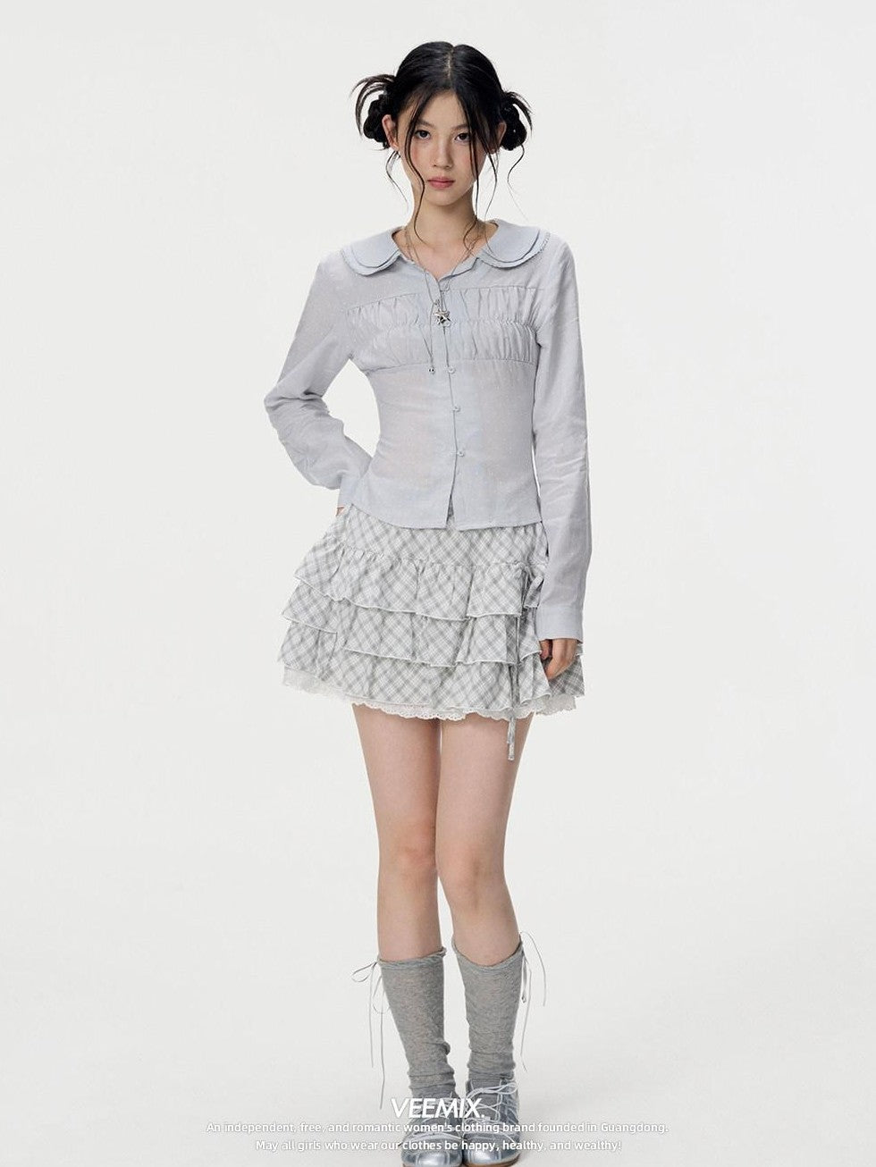 VEEMIX Light Blue Polka Dot Doll Collar Long Sleeve Slim Fit Women's Lyocell Blouses