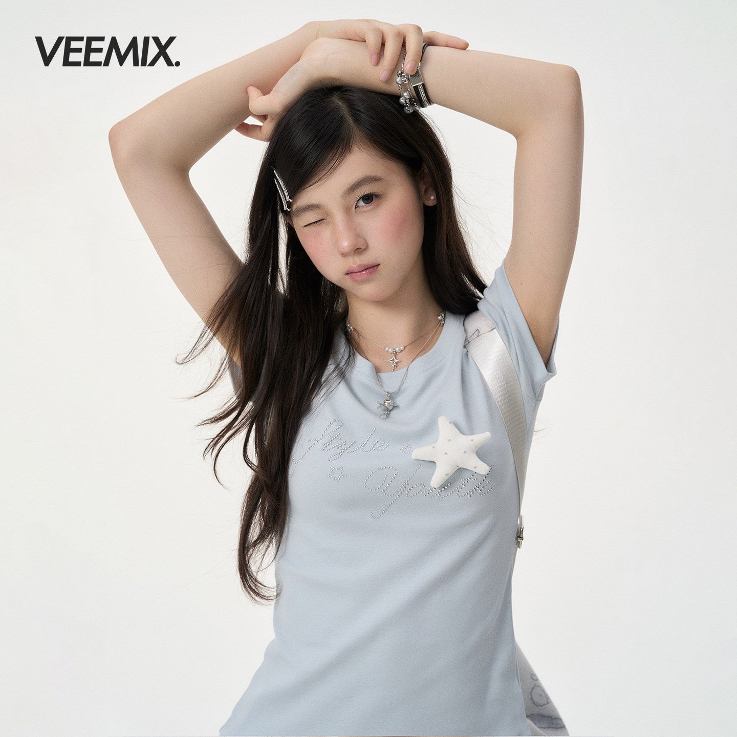 VEEMIX_Light_Blue_Rhinestone_3d_Letter_Women's_Cotton_Short_Sleeve_T-shirts_1056248516269_MISSTT