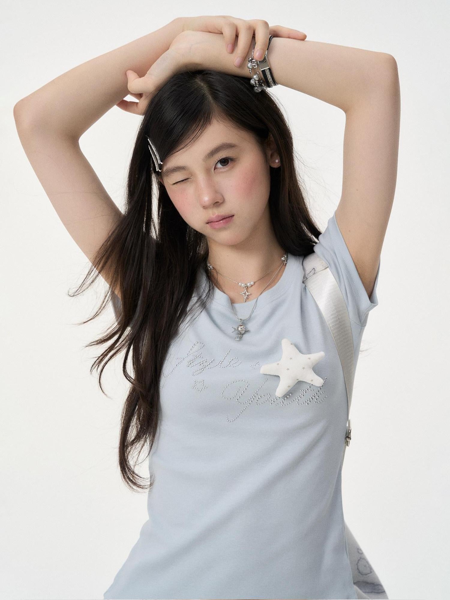 VEEMIX Light Blue Rhinestone 3d Letter Women's Cotton Short Sleeve T-shirts