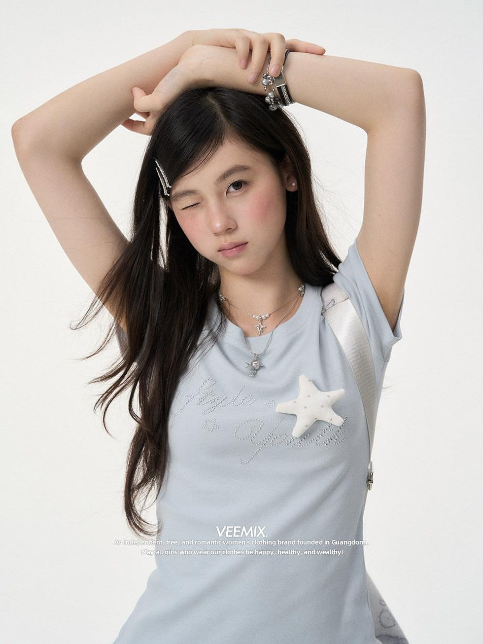 VEEMIX Light Blue Rhinestone 3d Letter Women's Cotton Short Sleeve T-shirts