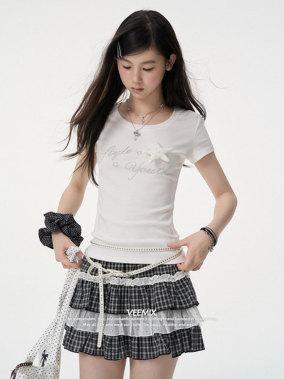 VEEMIX Light Blue Rhinestone 3d Letter Women's Cotton Short Sleeve T-shirts