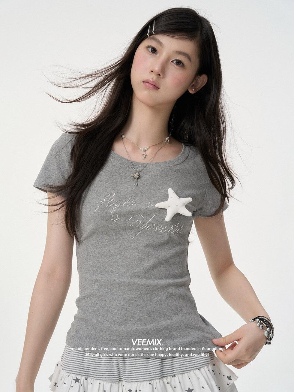 VEEMIX Light Blue Rhinestone 3d Letter Women's Cotton Short Sleeve T-shirts