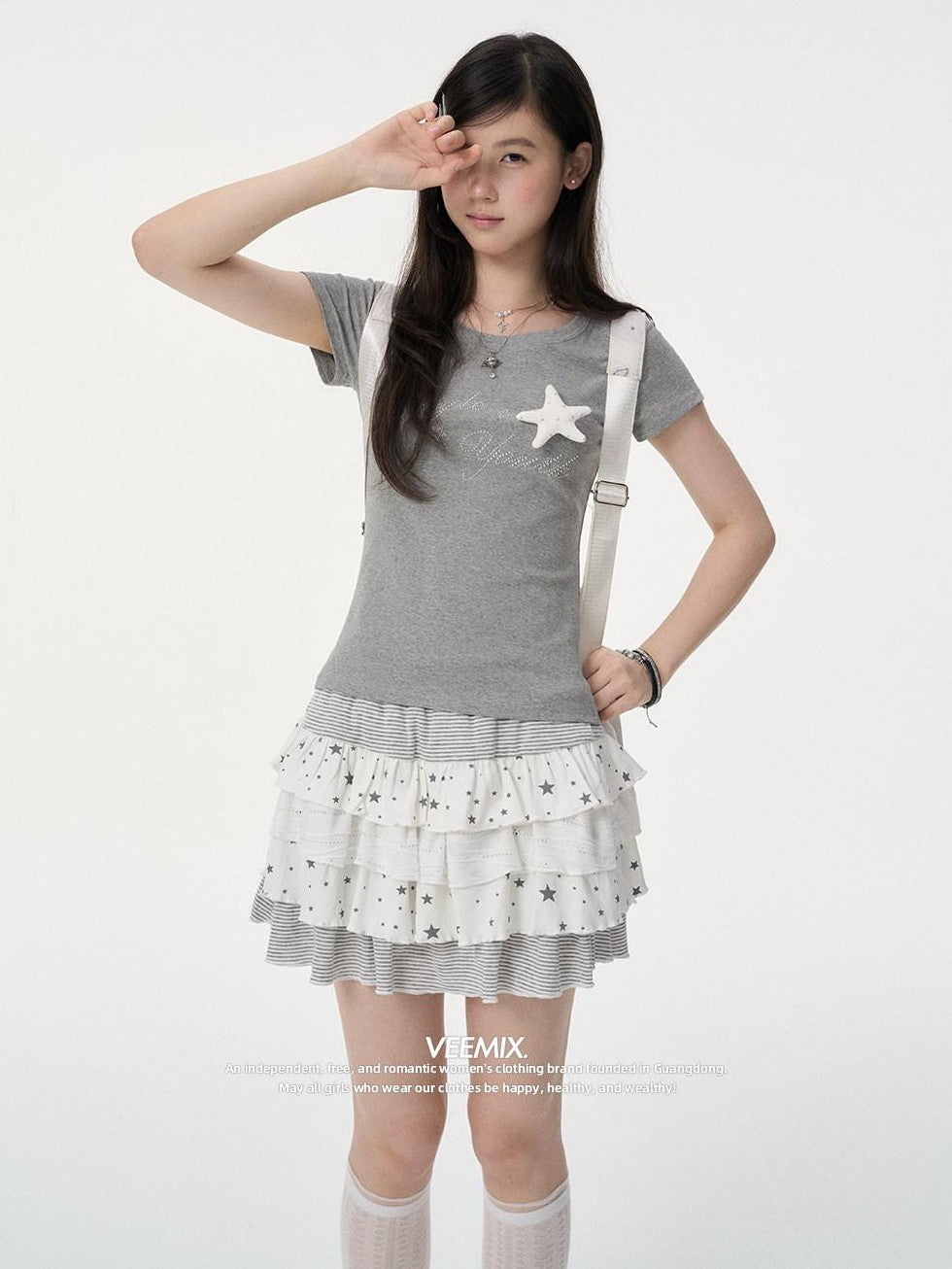 VEEMIX Light Blue Rhinestone 3d Letter Women's Cotton Short Sleeve T-shirts