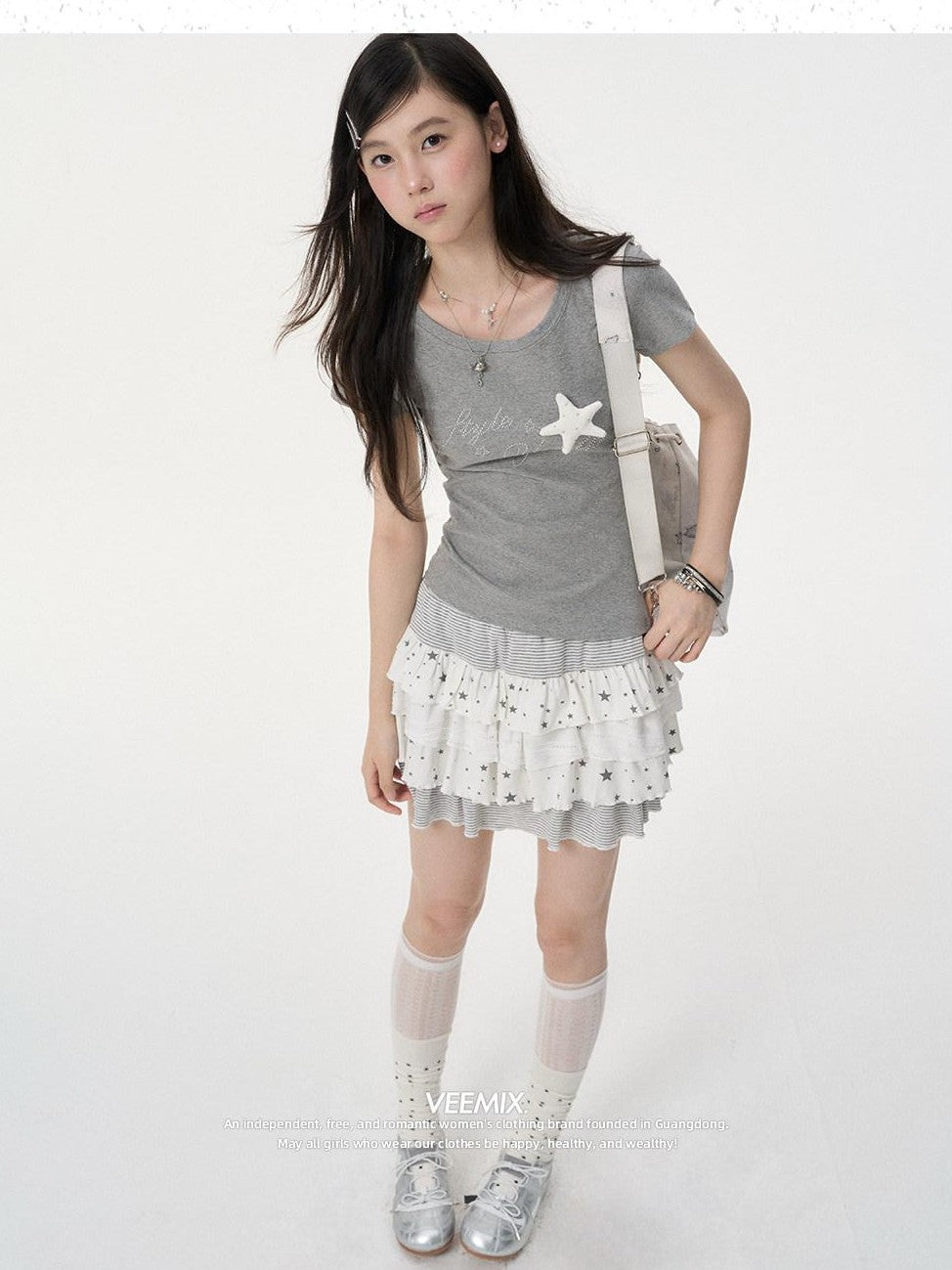 VEEMIX Light Blue Rhinestone 3d Letter Women's Cotton Short Sleeve T-shirts