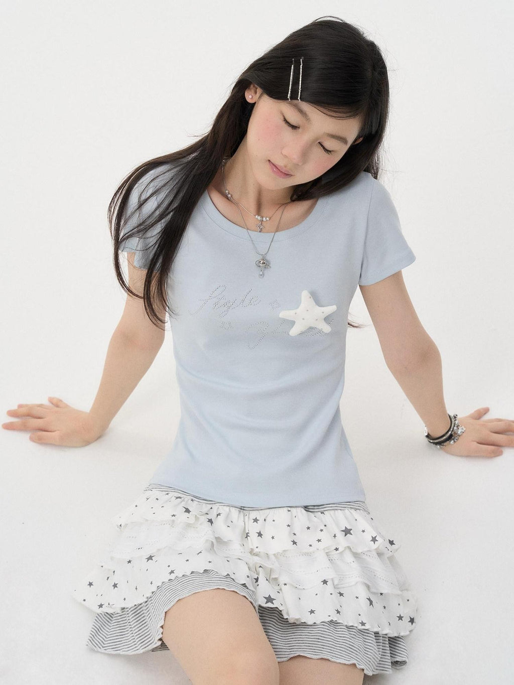 VEEMIX Light Blue Rhinestone 3d Letter Women's Cotton Short Sleeve T-shirts